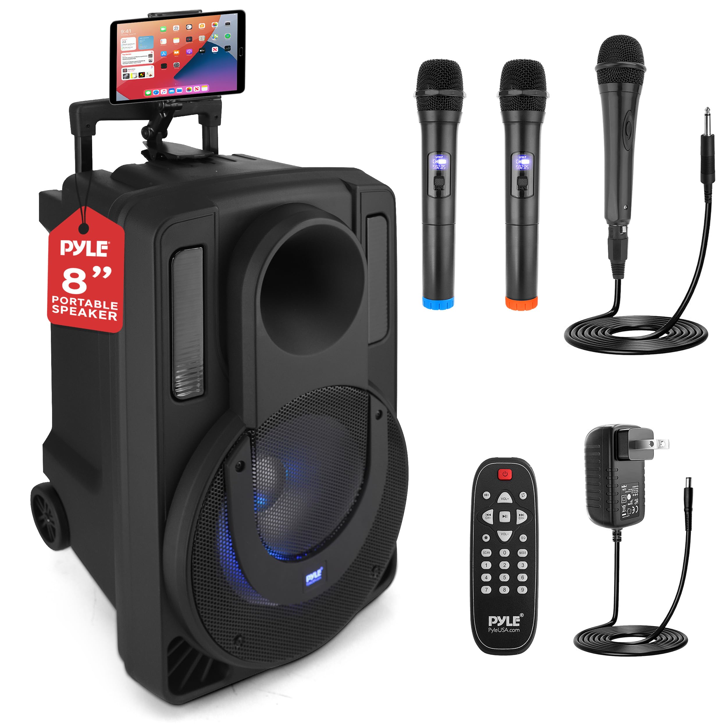 Pyle 8 Portable Pa Speaker System - 280 Watts Pa & Karaoke Speaker With Two Wireless & 1 Wired Microphone, Wireless Bluetooth St