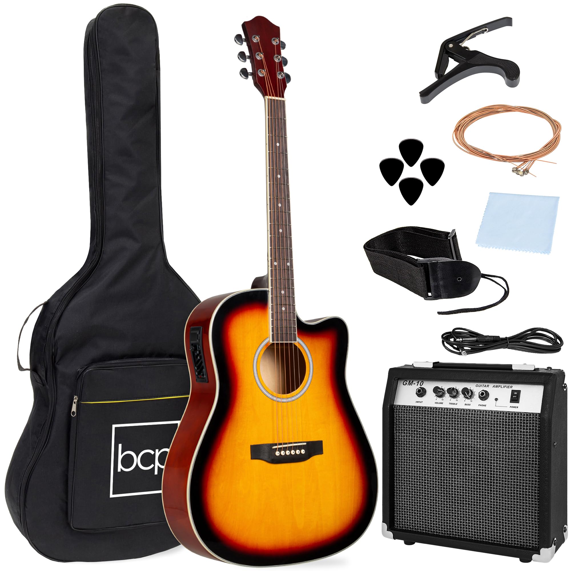 Best Choice Products Beginner Acoustic Electric Guitar Starter Set W/ 41In, All Wood Cutaway Design, Case, Strap, Picks - Sunbur