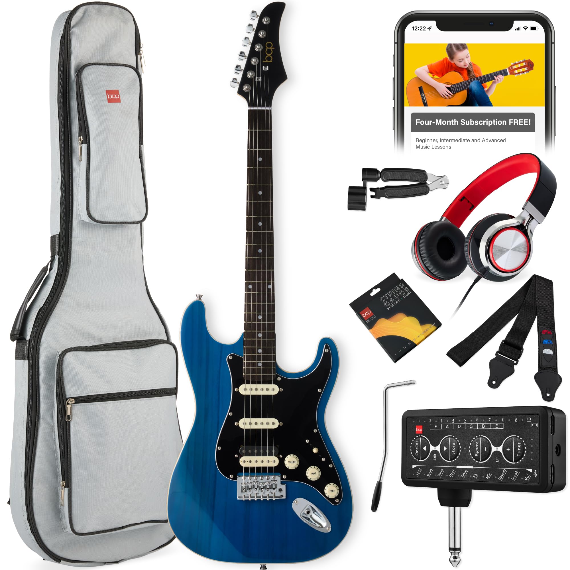 Best Choice Products Beginner HSS Electric Guitar Kit w/Headphone Amp, Padded Gig-Bag, Headphones, Guitar Strap - Midnight Blue/