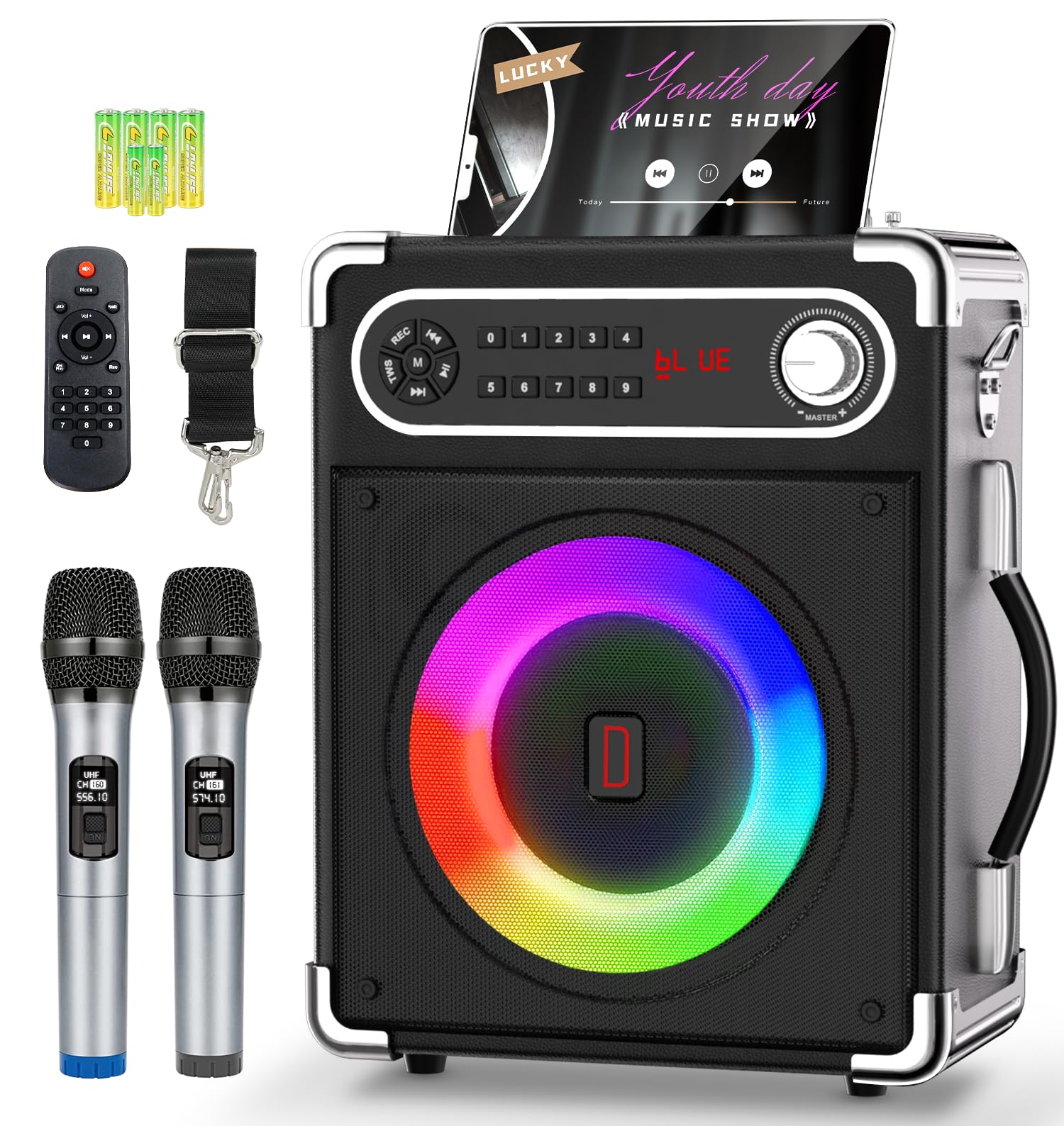 Karaoke Machine with 2 Wireless Microphones,Portable Bluetooth 5.1 Speaker for Adults Kids,Bass/Treble Adjustment,PA System with