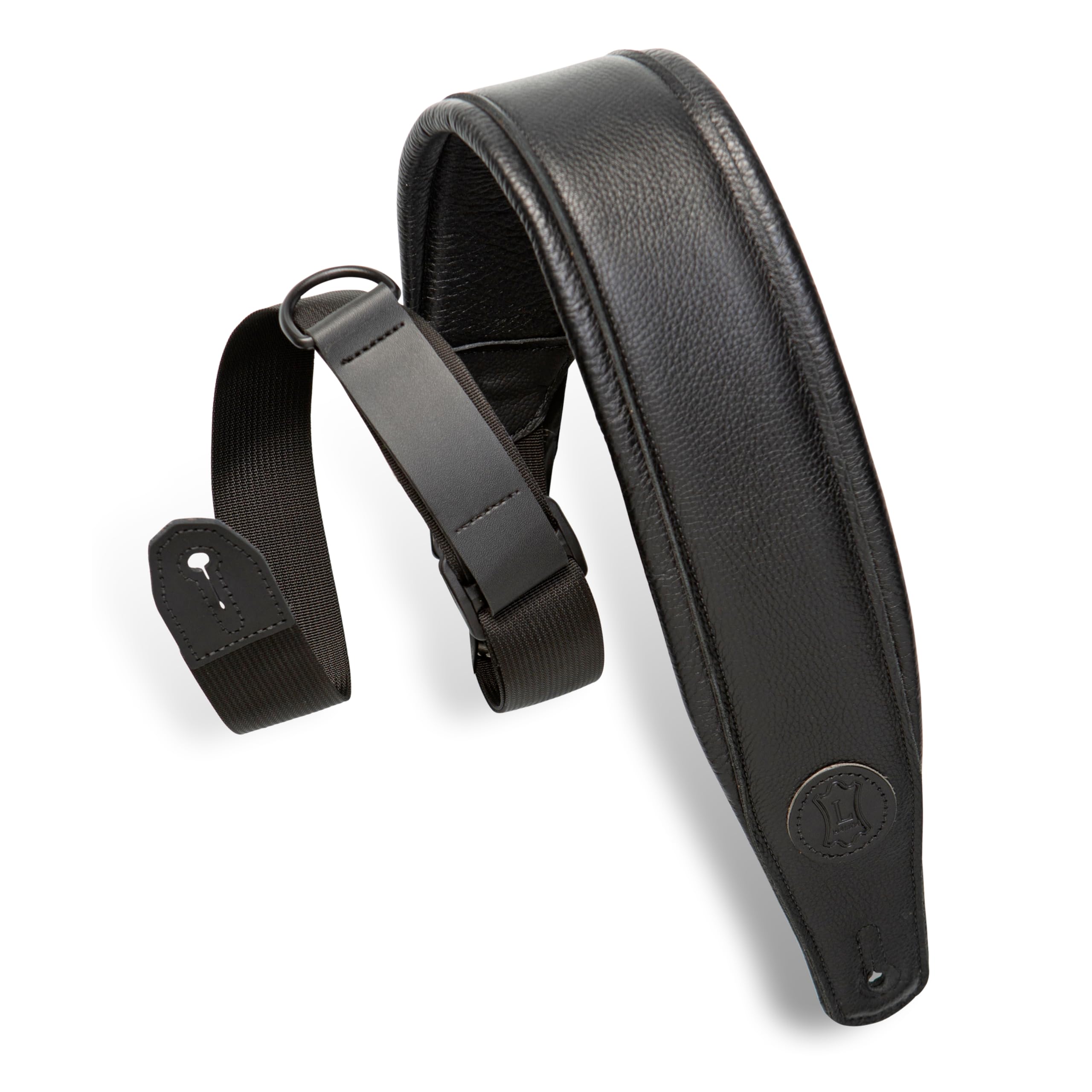 Levys Leathers Right Height Guitar Strap with RipChord Quick Adjustment Technology; 3.5 Wide Padded Garment Leather - Black (MR