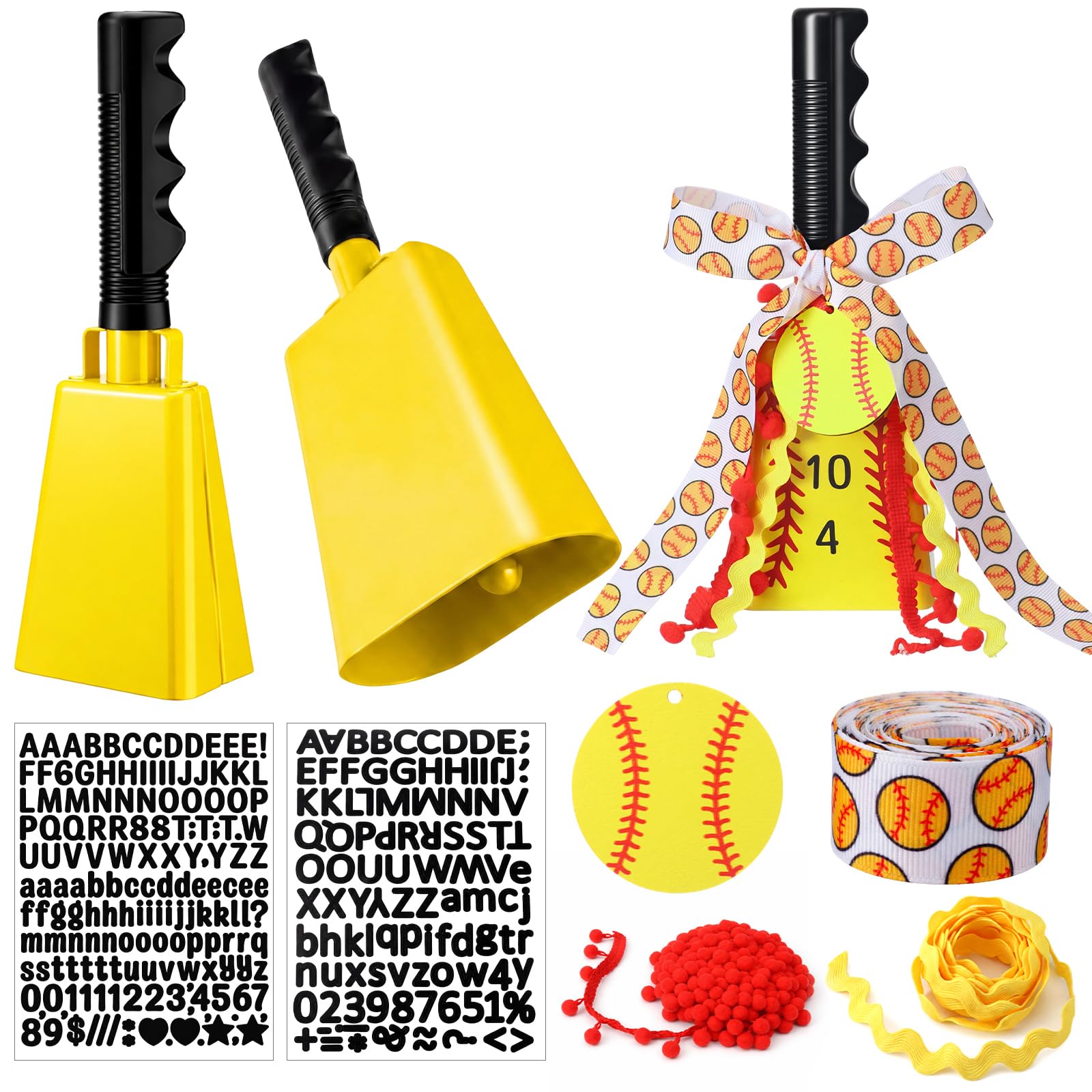 2 Set 9 Inch Softball Cow Bell for Sporting Events with Letter Stickers Ribbon and Labels DIY Cowbell Noise Makers with Handle f