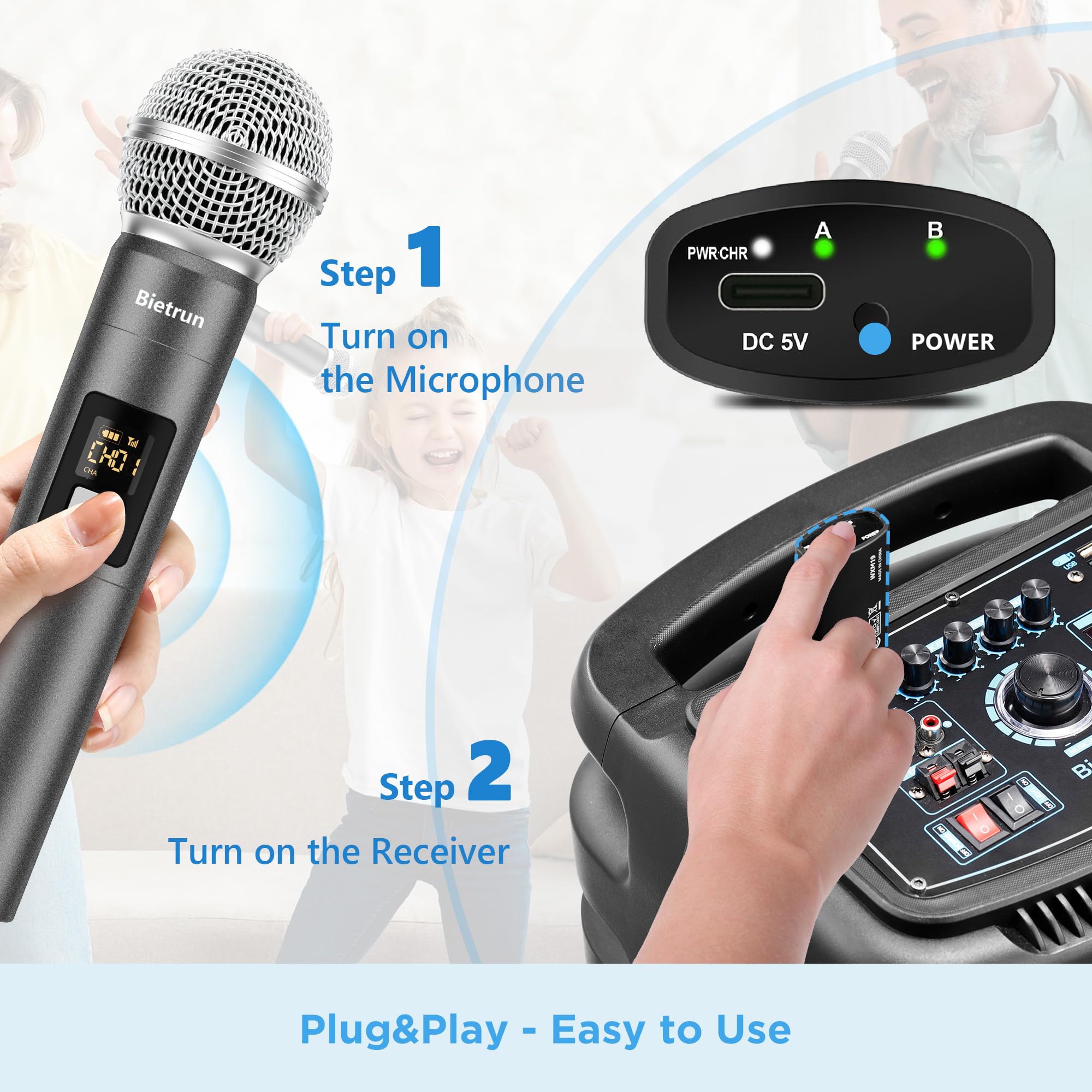 Bietrun Wireless Microphone, UHF Single Handheld Cordless Dynamic Metal Mic Set with Rechargeable Receiver, 1/4'' Plug Output, f