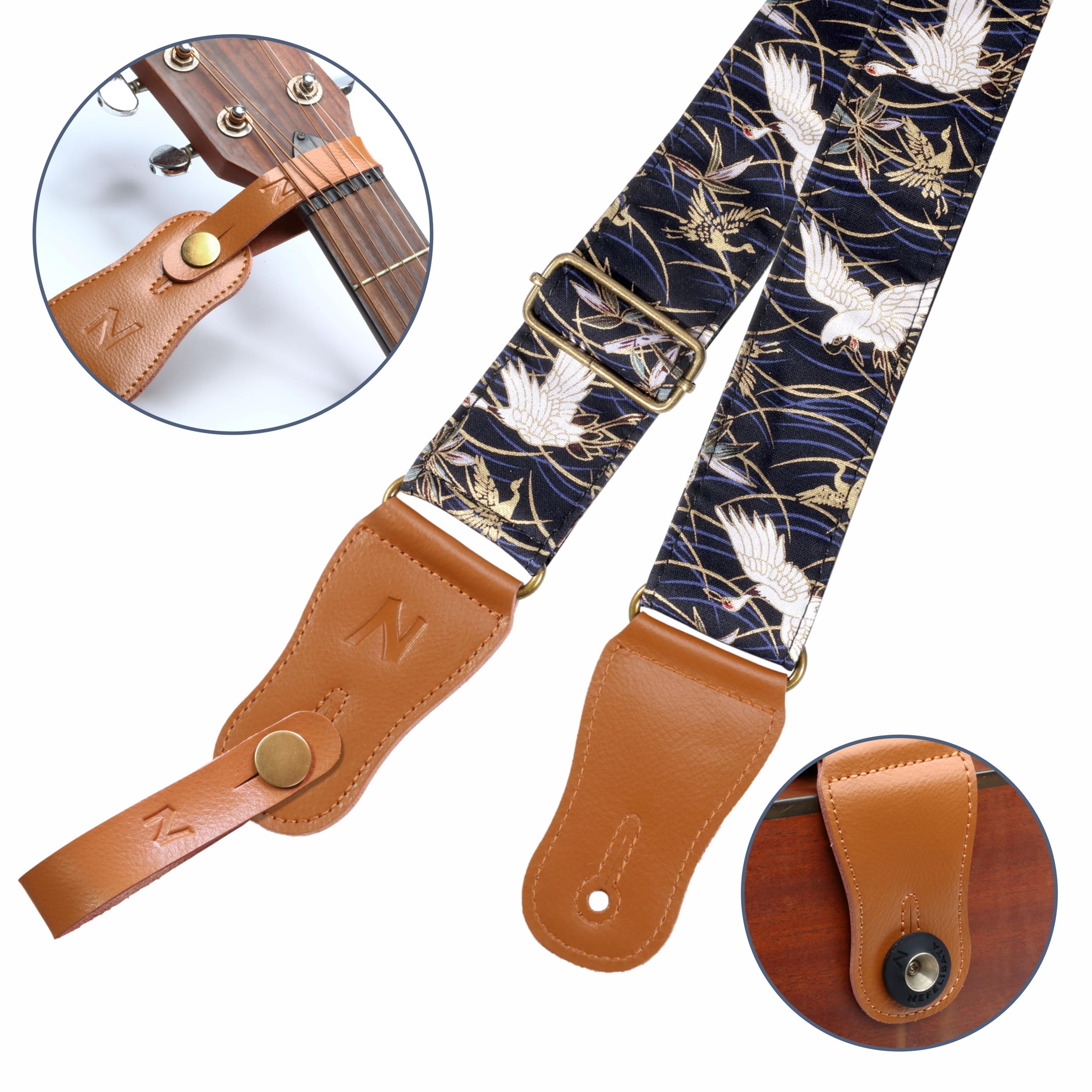 Nefelibata Guitar Strap,Japan Hot-Bronzing Cotton Acoustic Guitars Straps with Genuine Leather Ends for Electric Guitar,Bass & U
