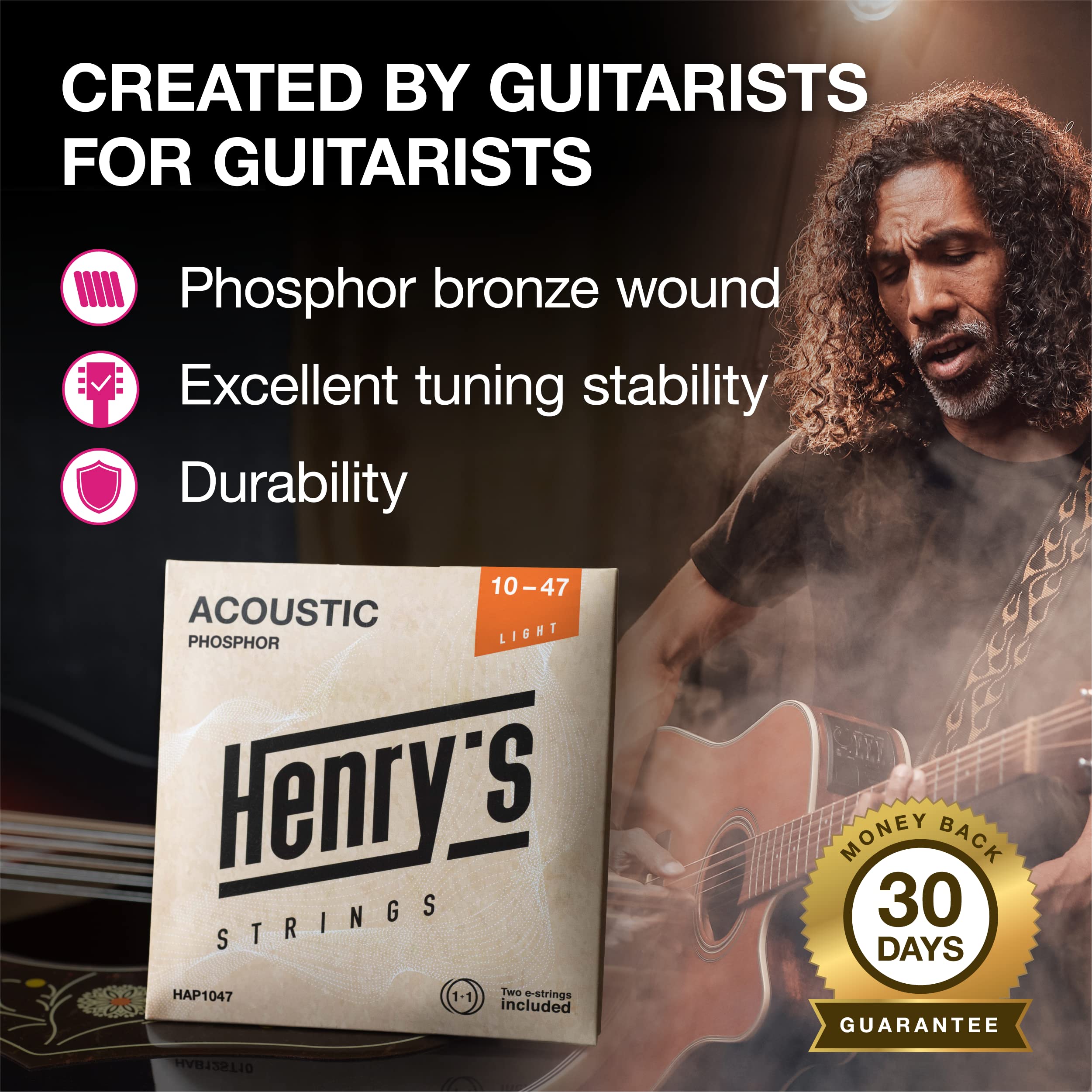 Light Acoustic Guitar Strings 10-47 - Brilliant Sound & Extra E1 String & 3xGuitar Picks - Phosphor Bronze Guitar Strings Acoust