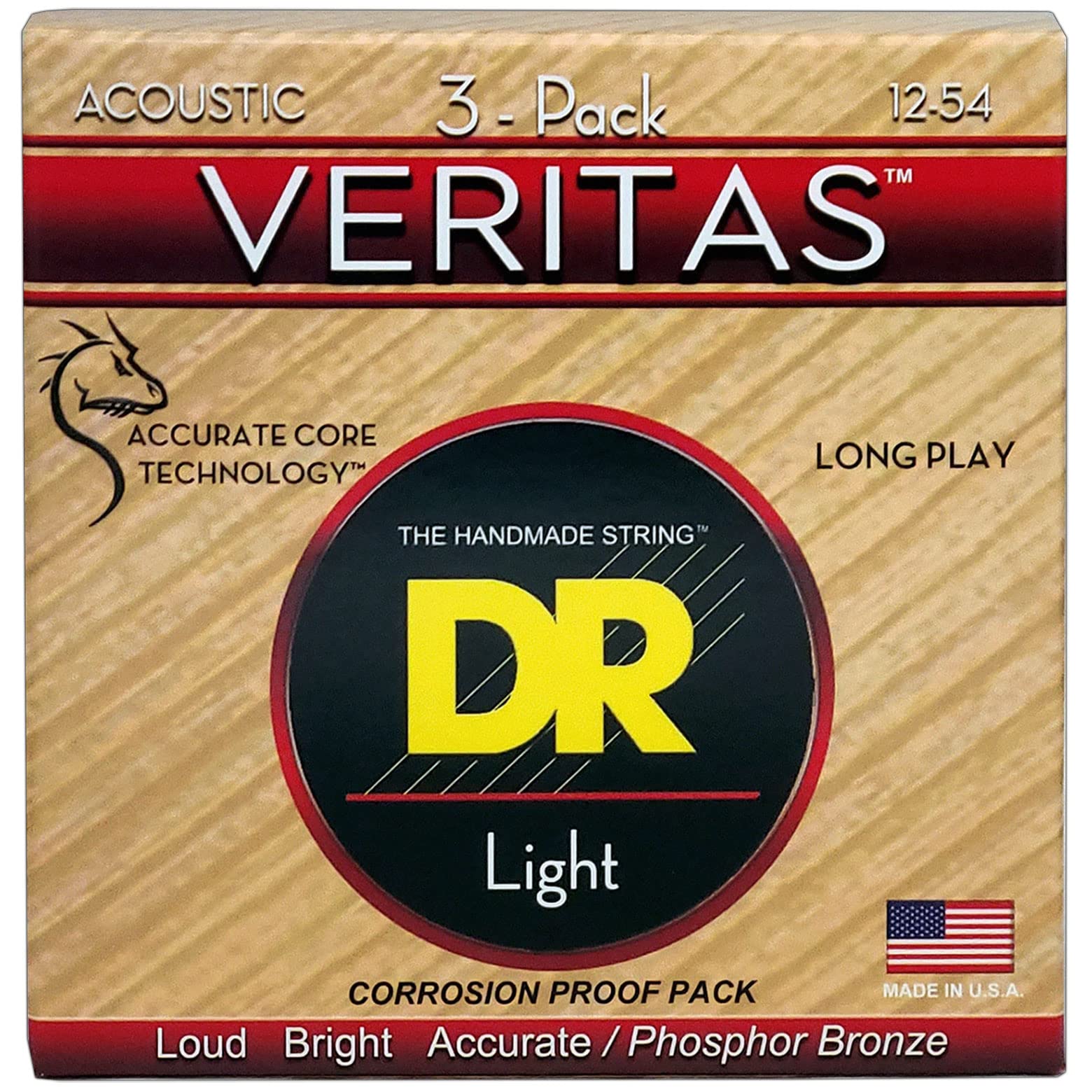 Dr Strings Veritas Coated Core Technology Acoustic Guitar Strings, Light 12-54, 3-Pack (Vta-12-3Pk)