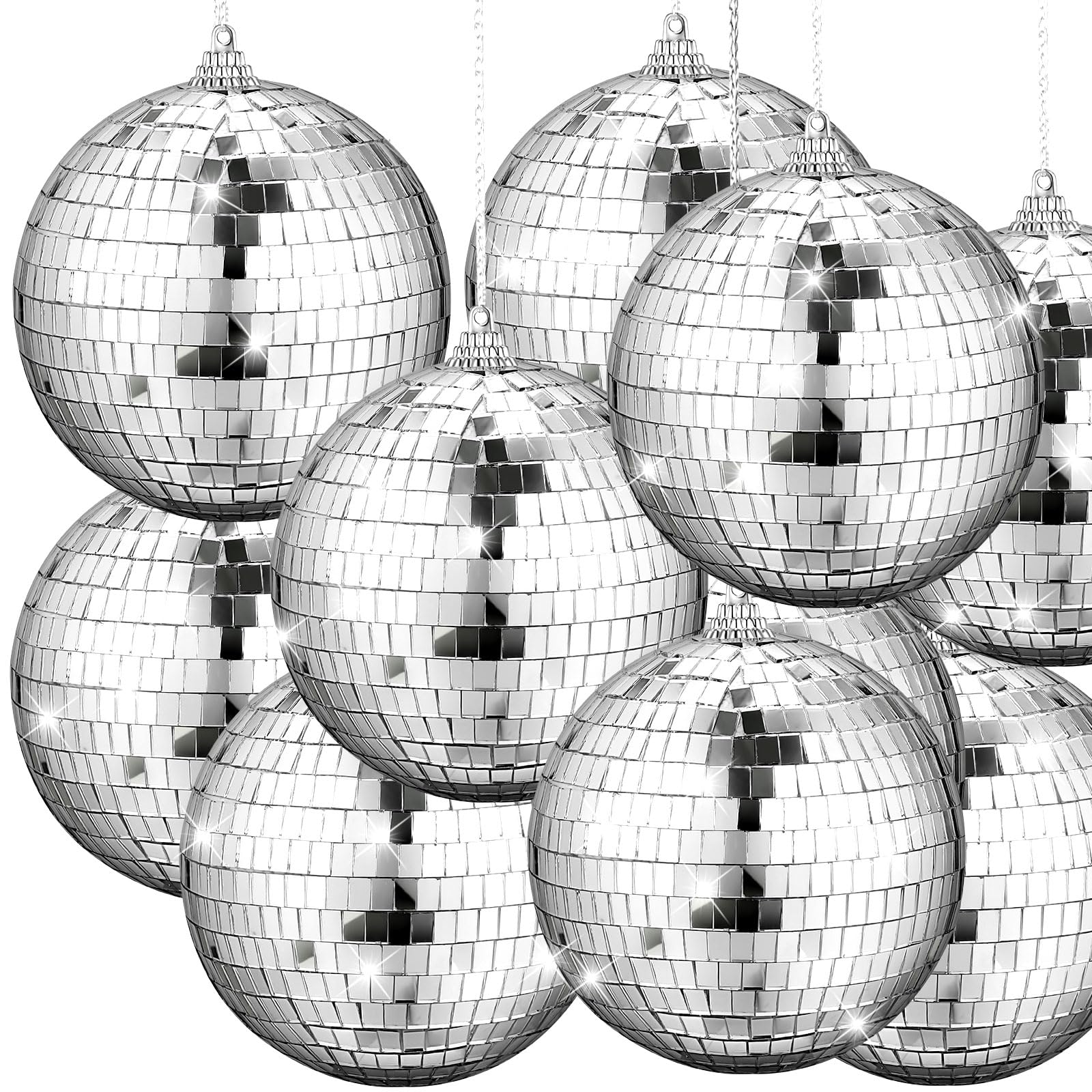 Yookeer 12 Pack 4 Inch Mirror Disco Ball Decorations Small Silver Hanging Ornaments Reflective with Attached String for Ring DJ 