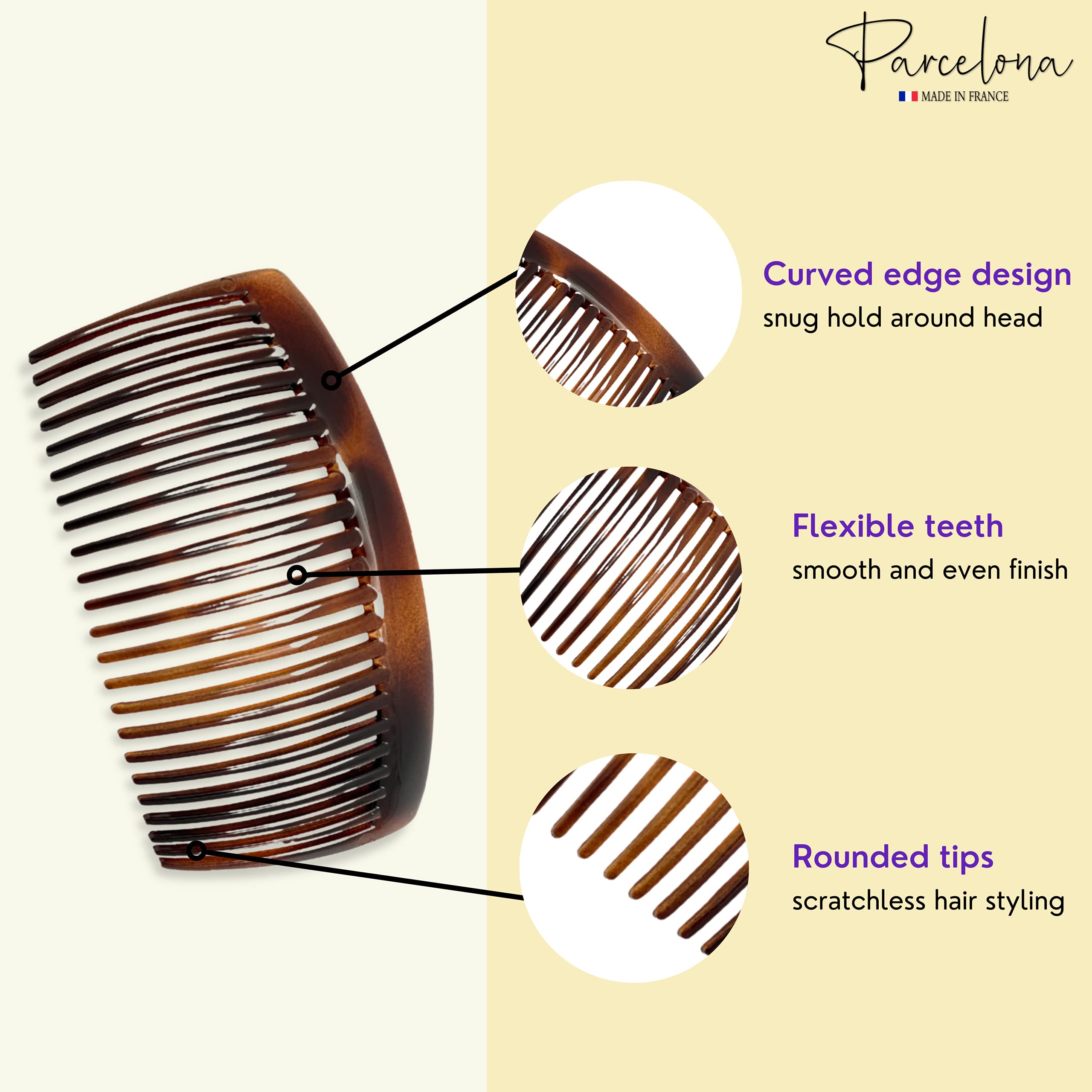 Parcelona French Glossy 23 Teeth Large 4 1/4'' Celluloid Acetate Set of 2 No Slip Grip Side Hair Combs for Women, Made in France