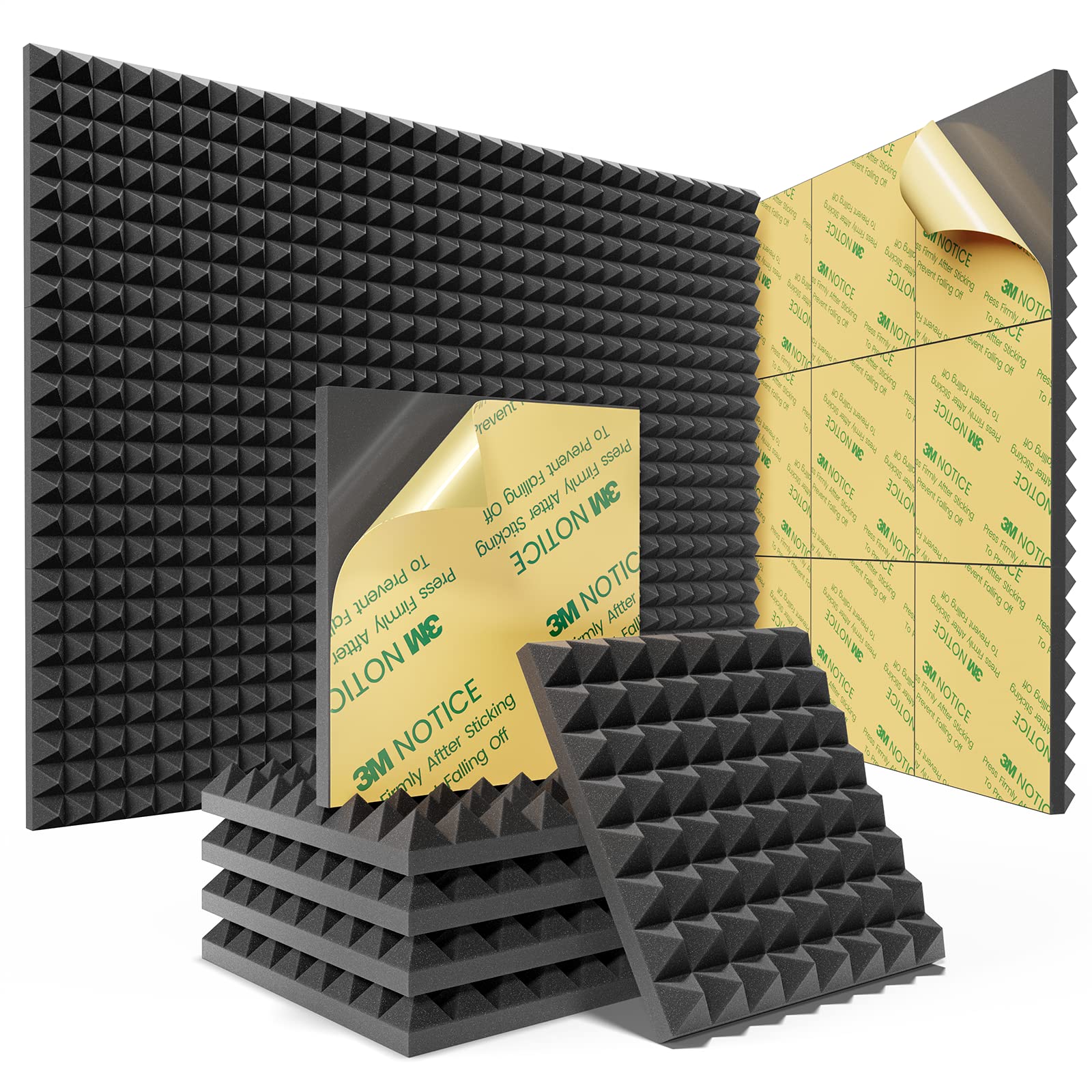 Sonicism 12 Pack Pyramid Sound Proof Foam Panels With Self-Adhesive, 12'' X 12'' X 1'' Acoustic Foam Panels Of High Density, Sou