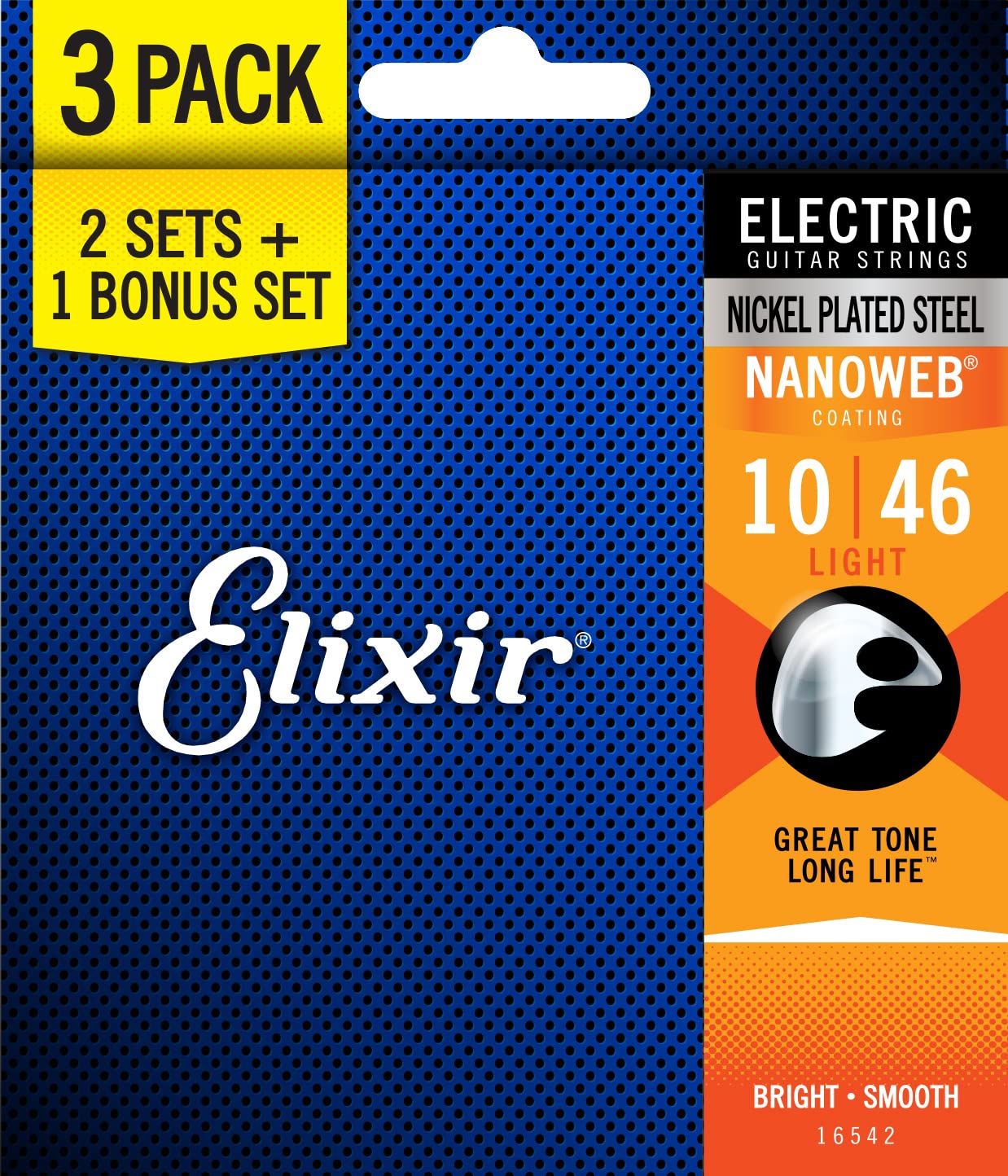 Elixir Strings 16542 Electric Guitar Strings With Nanoweb Coating, 3 Pack, Light (.010-.046)