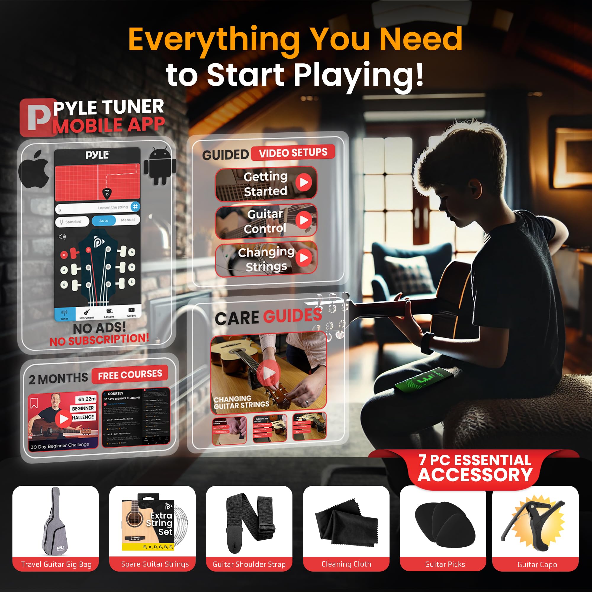 Pyle Beginner Cutaway Acoustic Guitar Kit, 4/4 Full Size All Wood Dreadnought Stringed Instrument with Gig Bag, Steel Strings, P