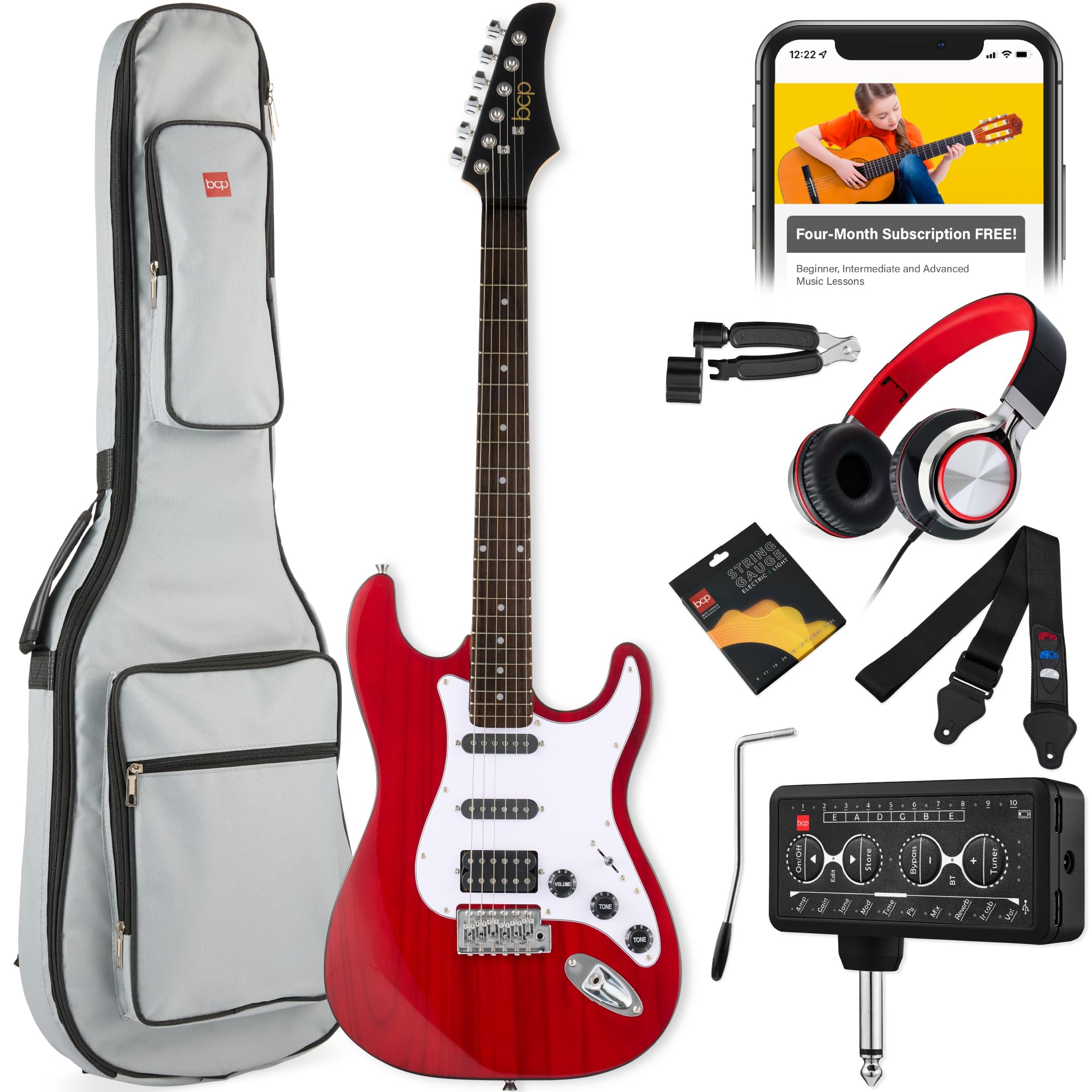Best Choice Products Beginner HSS Electric Guitar Kit w/Headphone Amp, Padded Gig-Bag, Headphones, Guitar Strap - Red Flametop/B