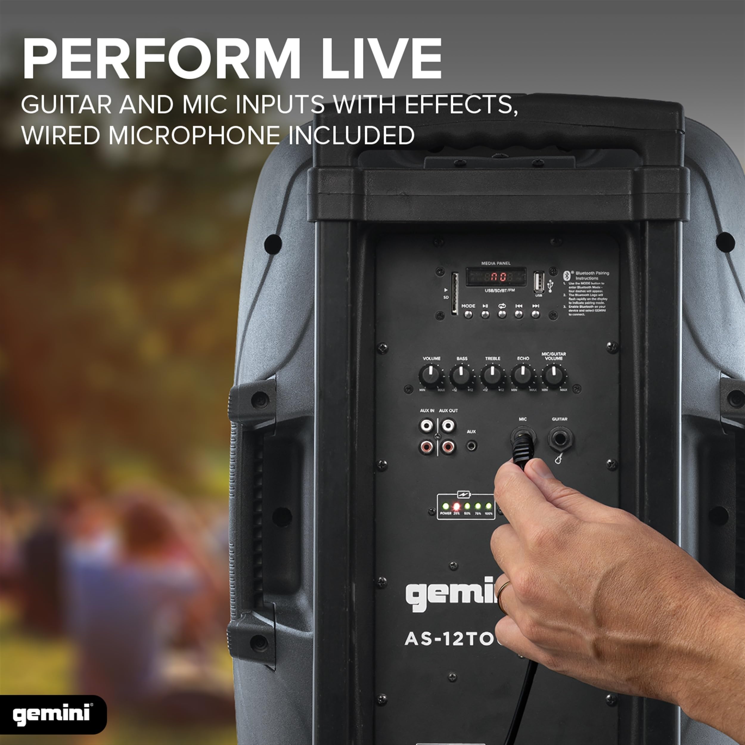 Gemini 12    1500W Wireless Battery-Powered Bluetooth PA Speaker with Mic & Guitar Inputs, USB/SD/FM - Rugged Pro Audio for Outd