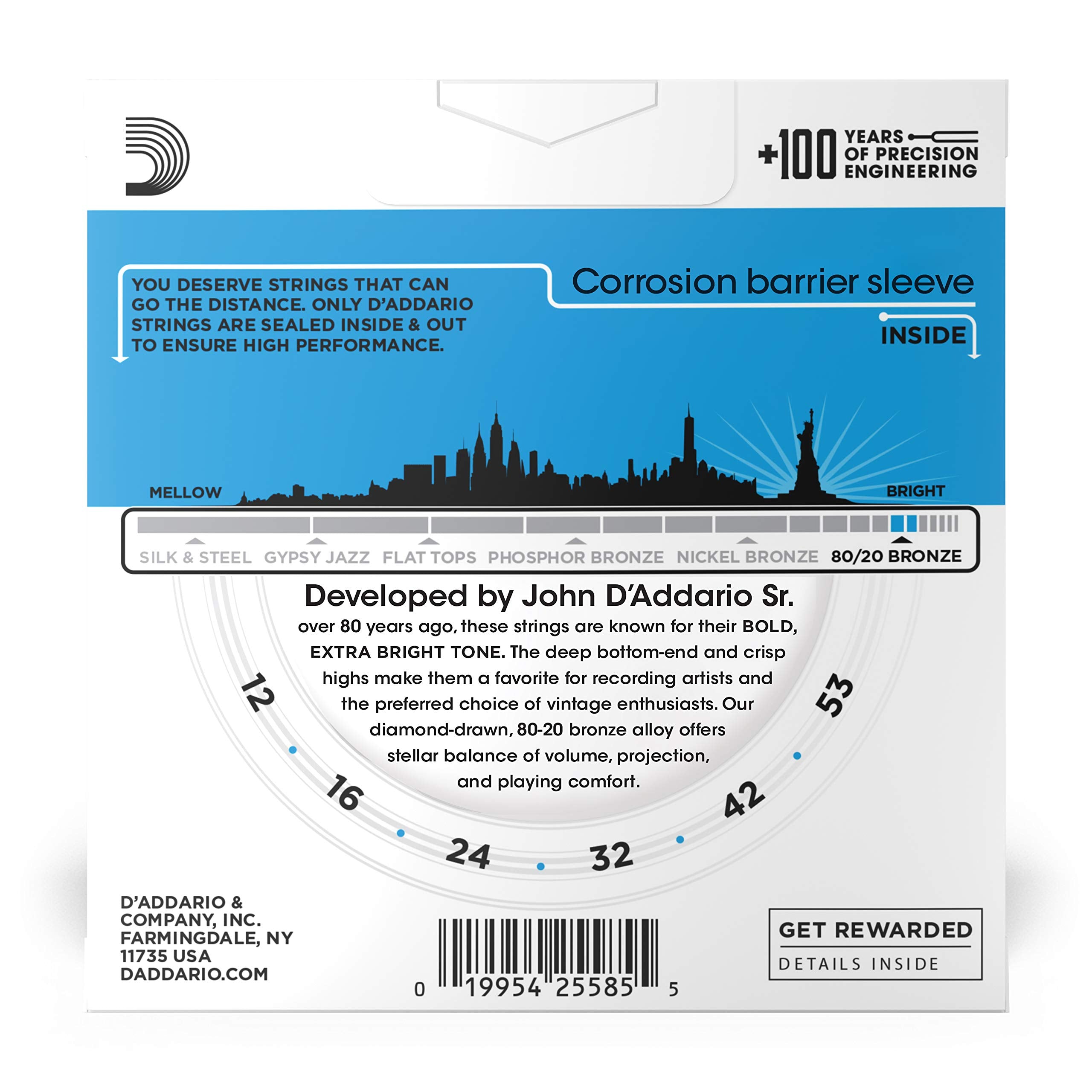 D'Addario Guitar Strings - Acoustic Guitar Strings - 80/20 Bronze - For 6 String Guitar - Deep, Bright, Projecting Tone - EJ11-3