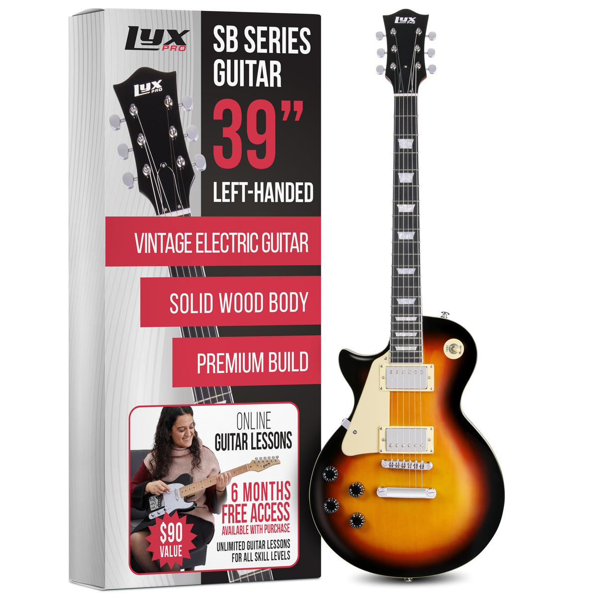 Lyxpro 39    Left Hand Sb Series Electric Guitar, Lp Style For Beginner, Intermediate & Pro Players Solid Body Guitar, Bonus 2-P