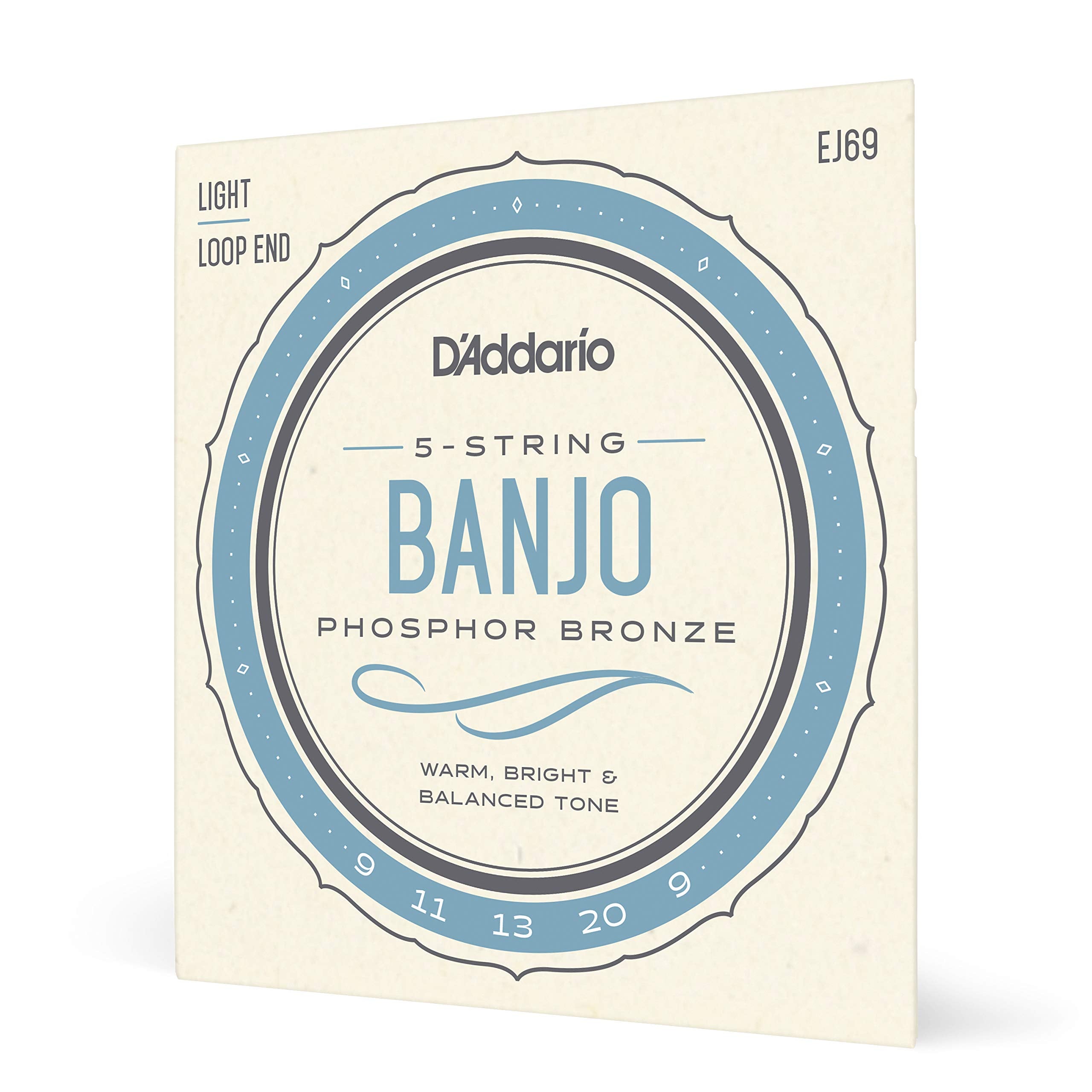 DAddario Banjo Strings, Phosphor Bronze, EJ69, Light Gauge 9-20, 5-String Set, Pack of 1