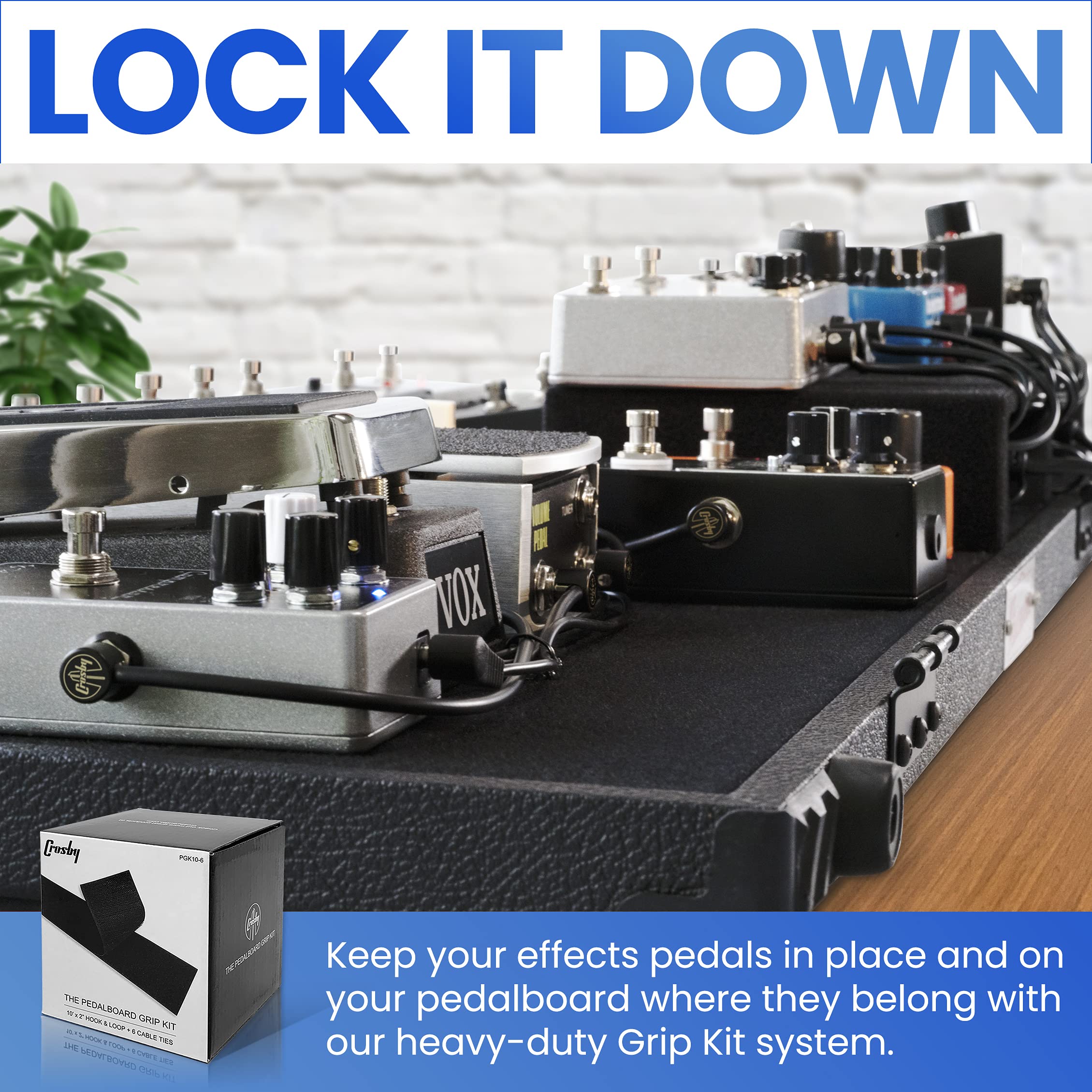 Crosby Pedalboard Grip Kit - 10 Feet (3m) of Heavy Duty Hook & Loop Tape Plus 6 Reusable Cable Ties for Guitar or Bass Pedal Boa