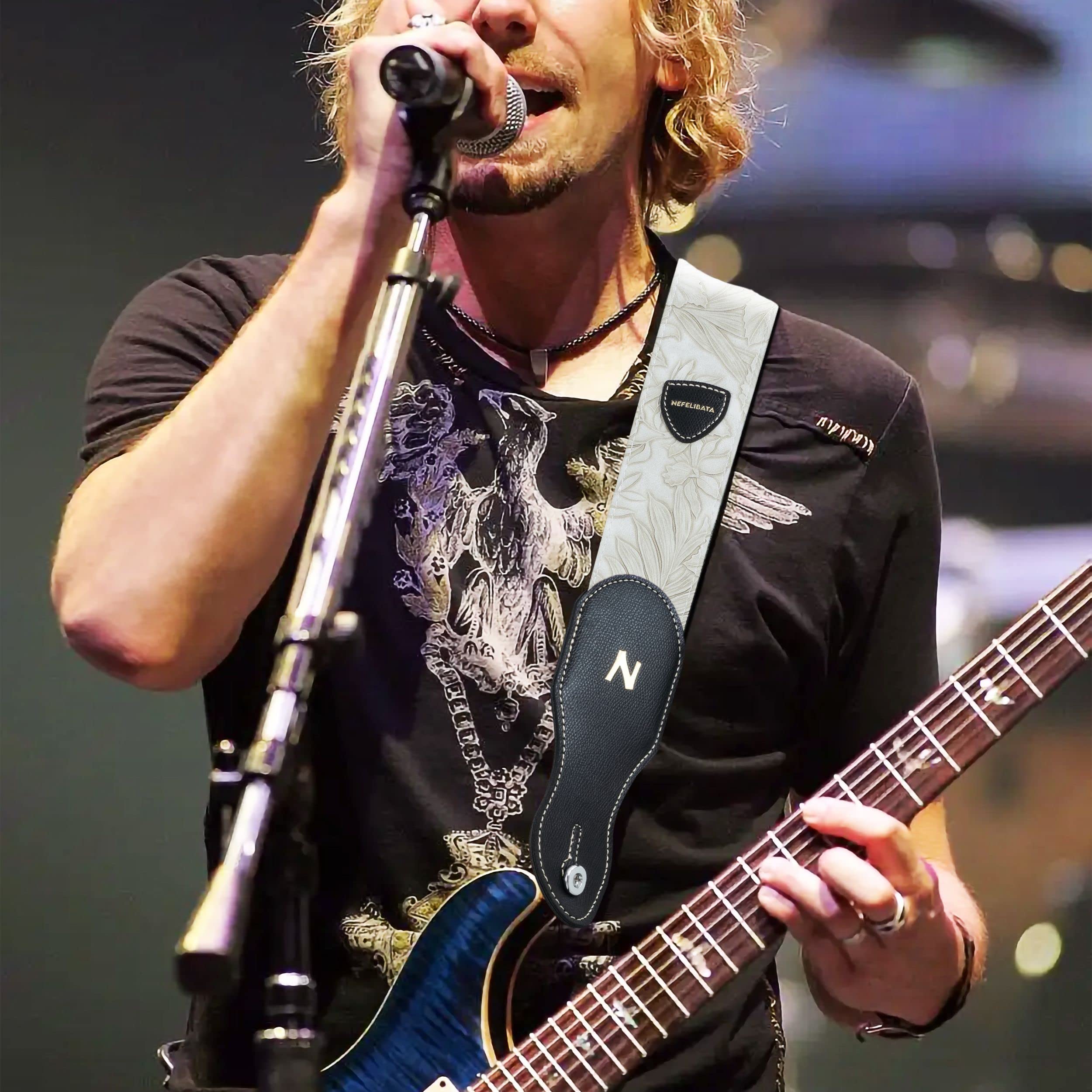 Nefelibata Guitar Strap with Pick Pocket,2.3 inch Porter Style Leather Carving Guitar Straps,60s Vintage Style (White)