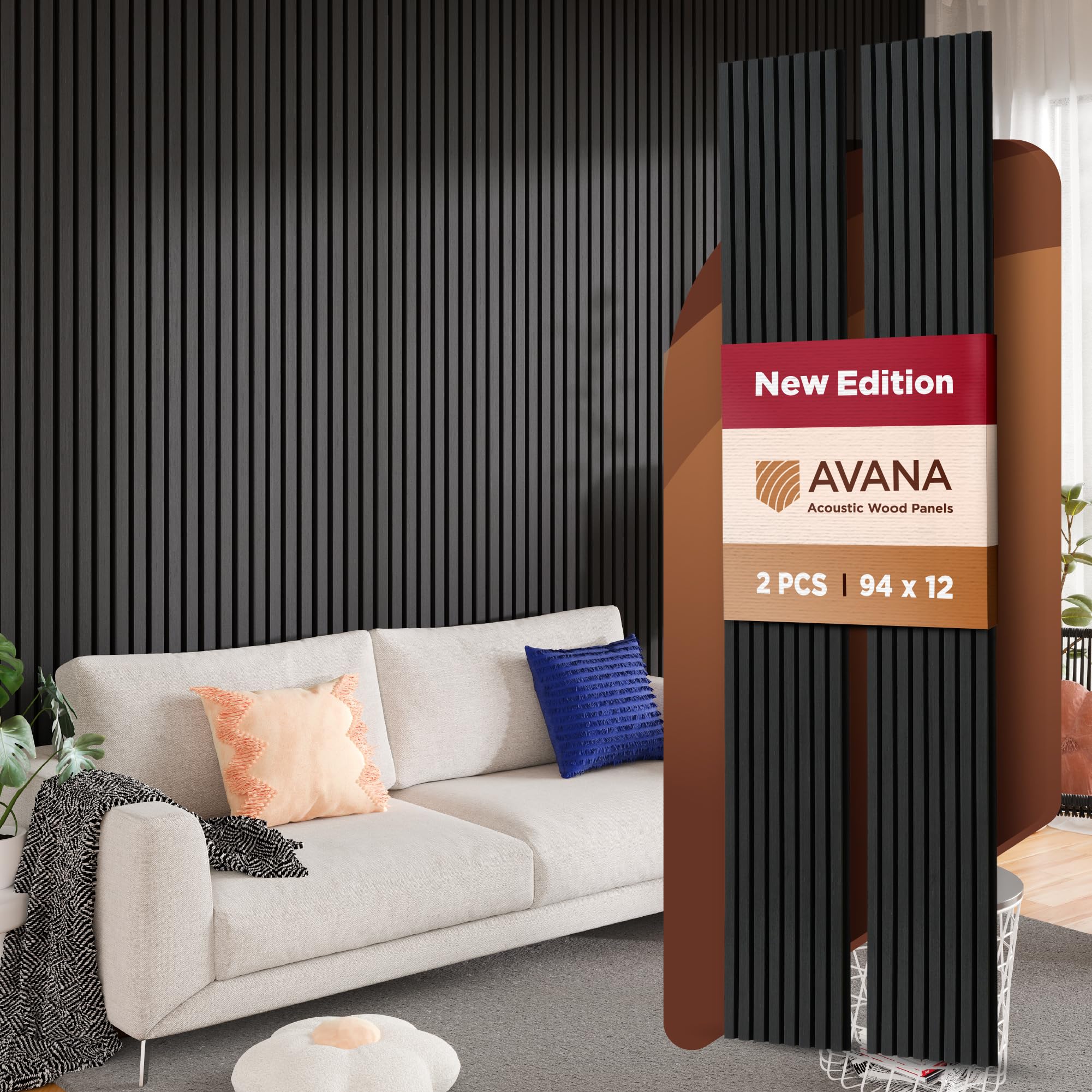 Avana Acoustic Wood Wall Panels - 94.4 X 12.6 Inch Black Oak Acoustic Panels 2 Pcs - Wall Panels For Interior Wall Decor For Hom