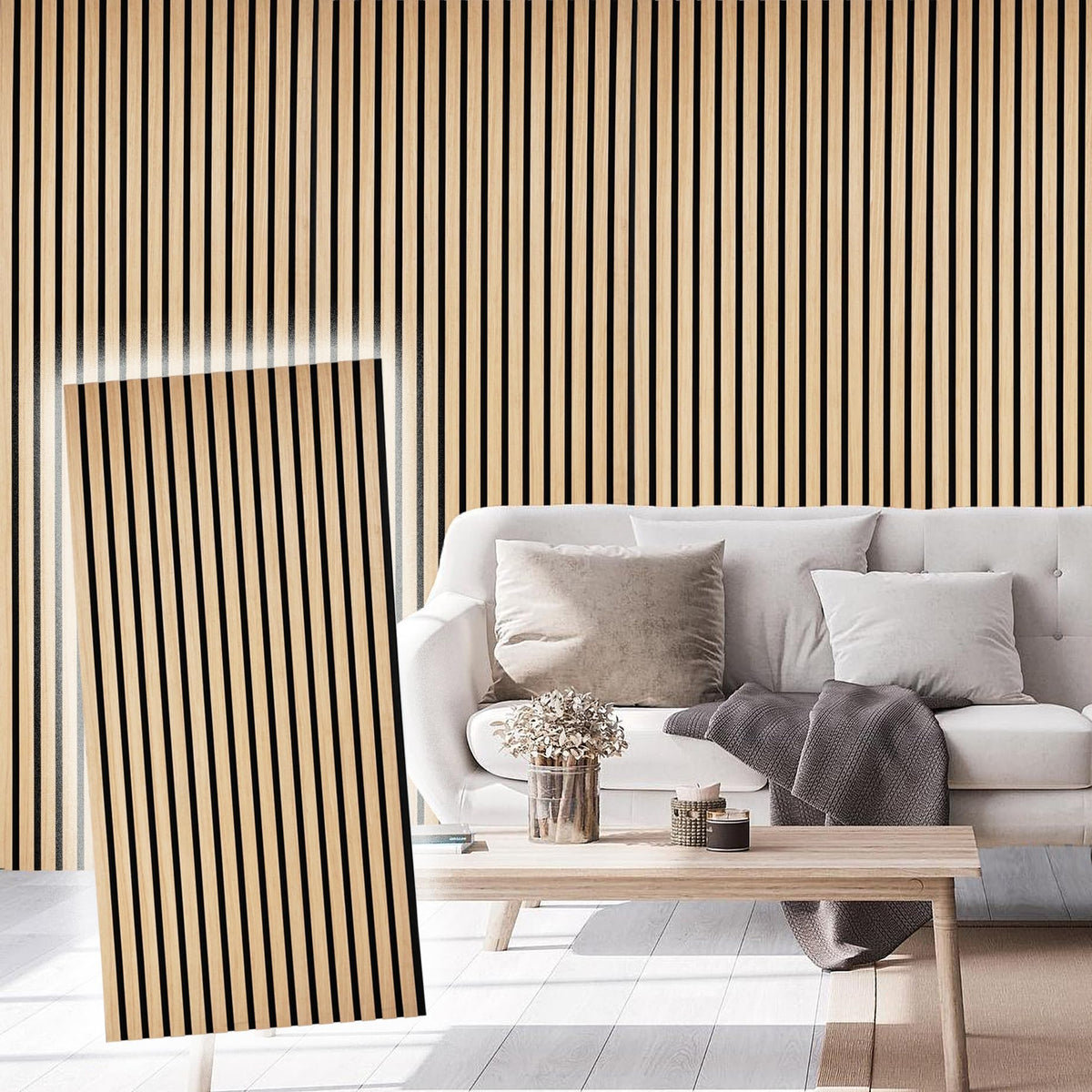 E-Hao 4-Piece Wood Slat Acoustic Panels For Stylish Decor And Noise Reduction, 3D Textured Panel For Ceiling And Wall - White Oa
