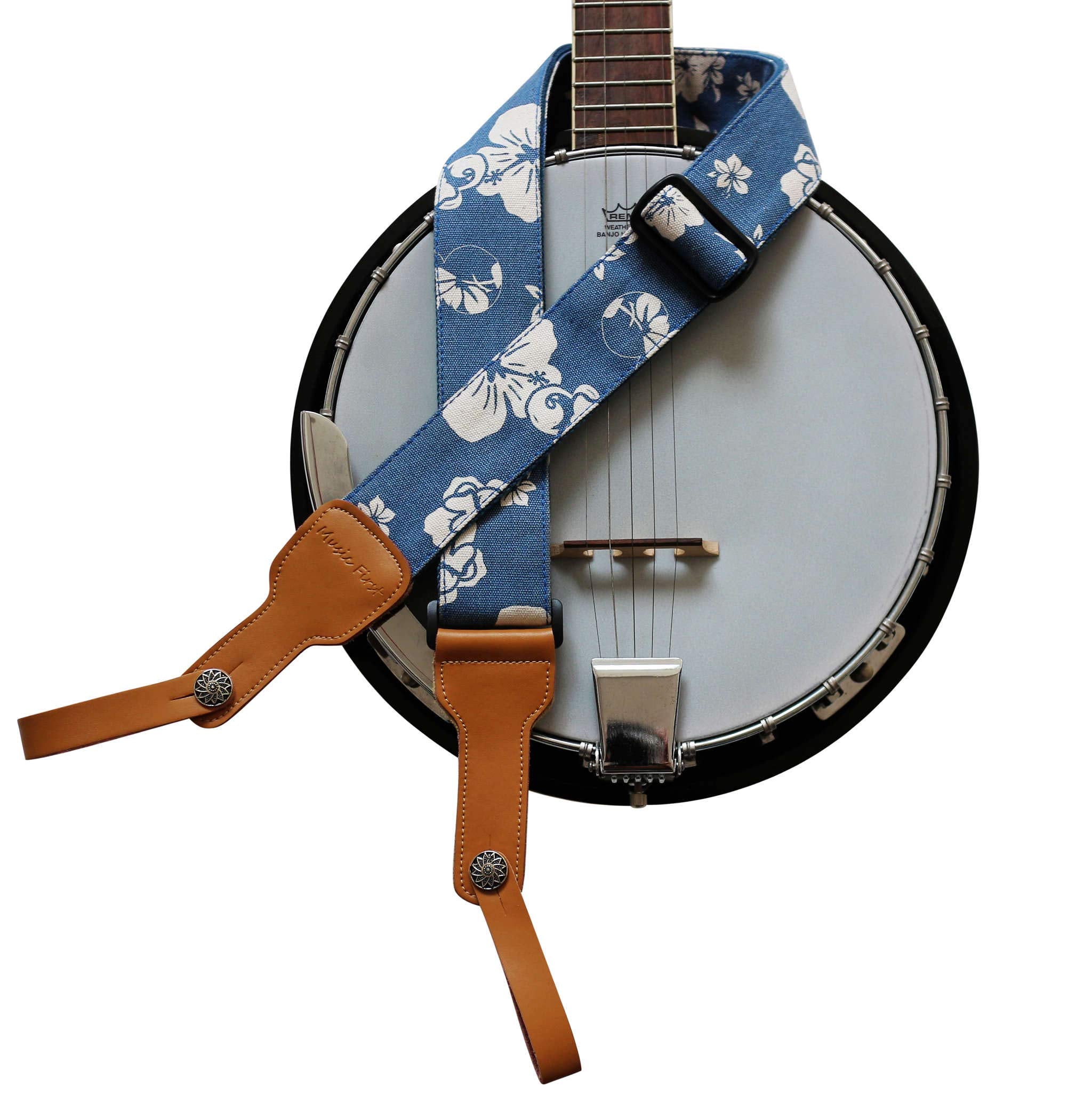 MUSIC FIRST Original Design, 2 inch width (5cm), Hawaii Style Blue and White Plumeria    Soft Canvas & Genuine Leather Delux Ban