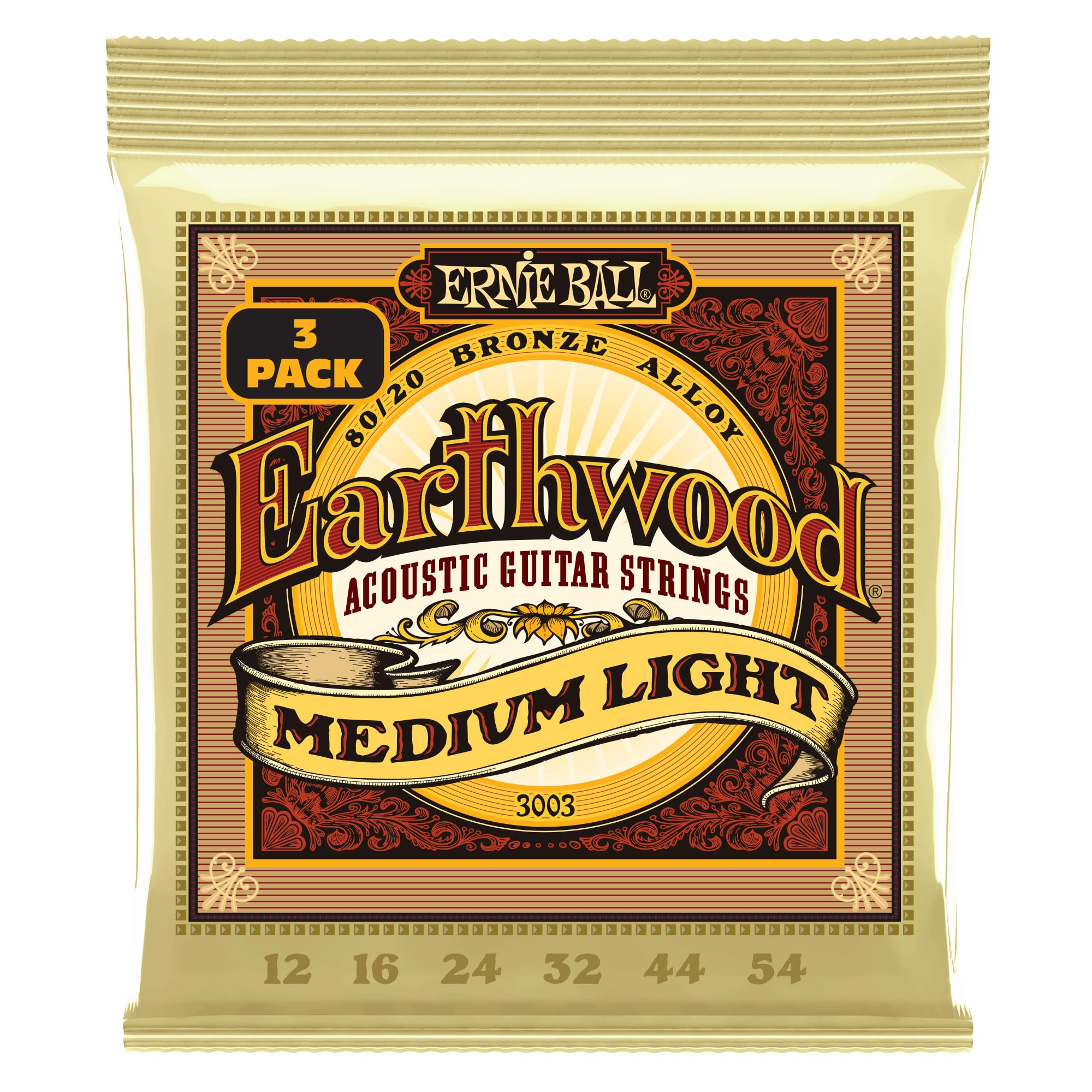 Ernie Ball Earthwood Medium Light 8020 Bronze Acoustic Guitar Strings 3-Pack, 12-54 Gauge (P03003)