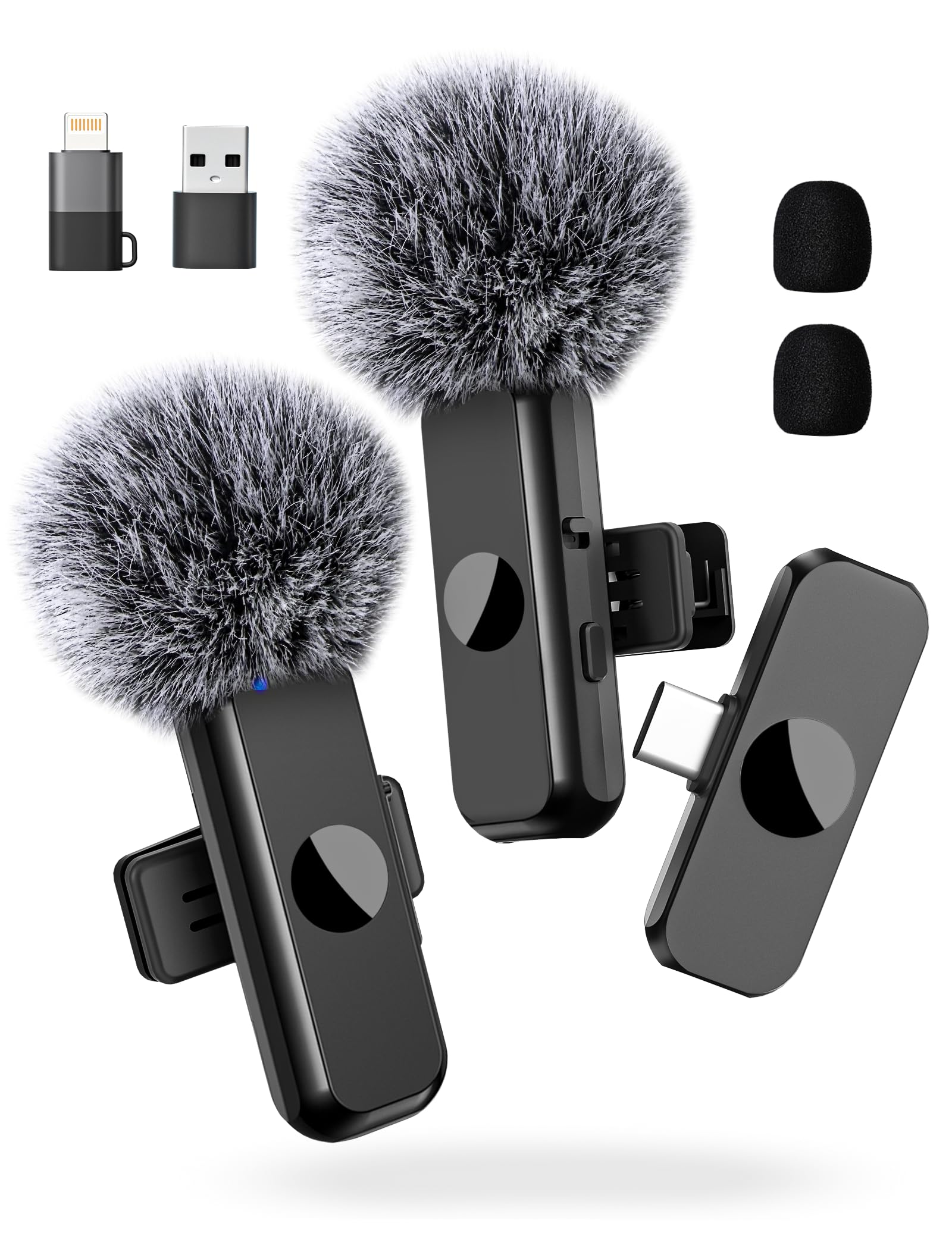 Ponovo Lavalier Microphone for USB C Android Phone, Wireless Mini Lapel Mic Compatible with iPhone 15 (USB-C), Dual Clip on Lav 