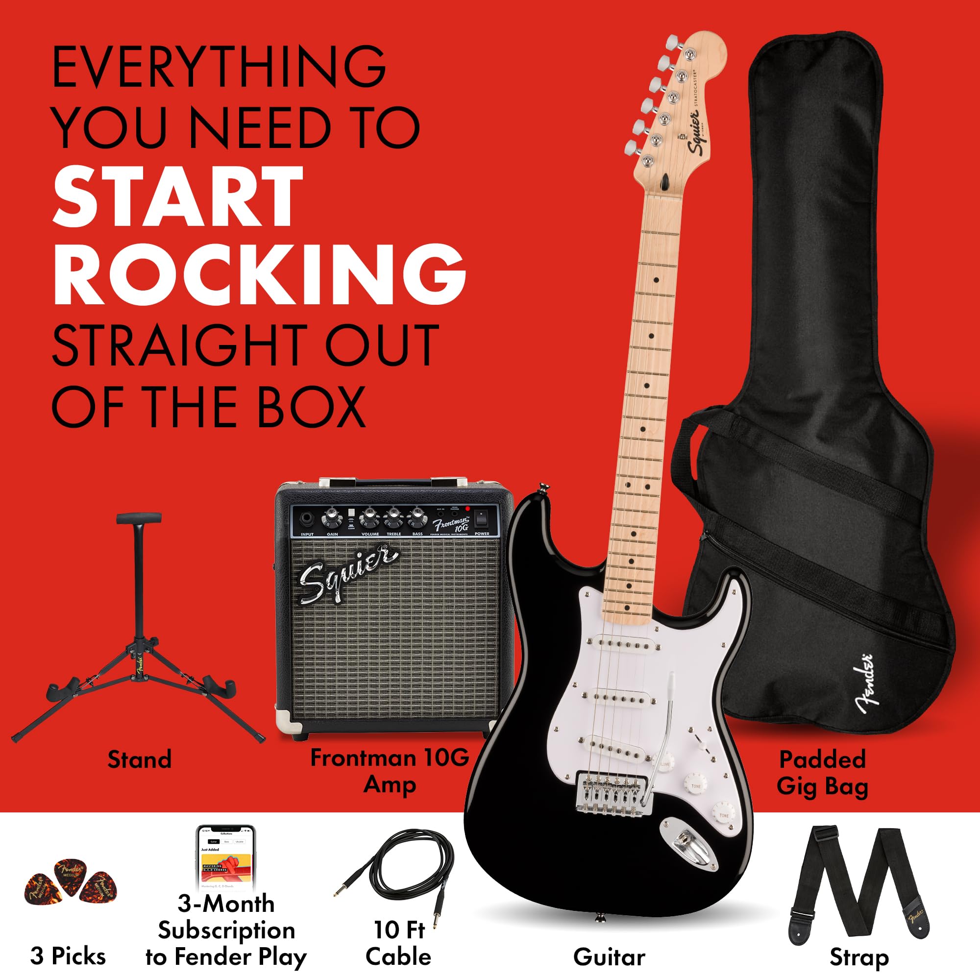 Squier by Fender Electric Guitar Kit, with 2-Year Warranty, Sonic Stratocaster, Maple Fingerboard, Black, Poplar Body, Maple Nec