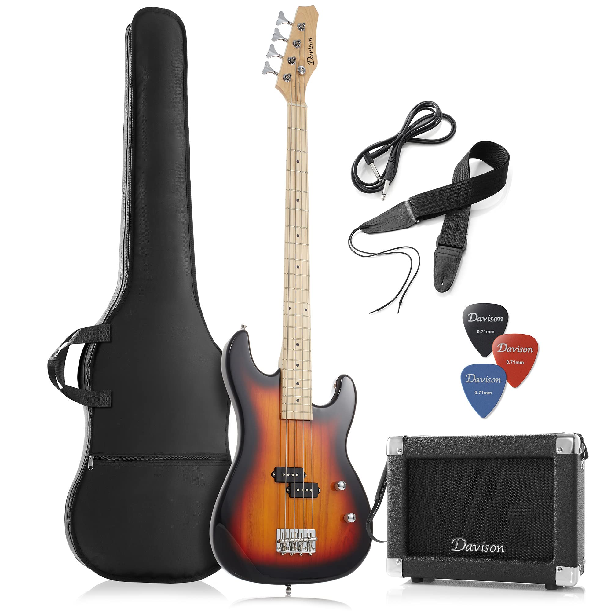 Davison Guitars Full Size Electric Bass Guitar with 15-Watt Amp, Sunburst - 4 String Right Handed Beginner Kit with Gig Bag and 