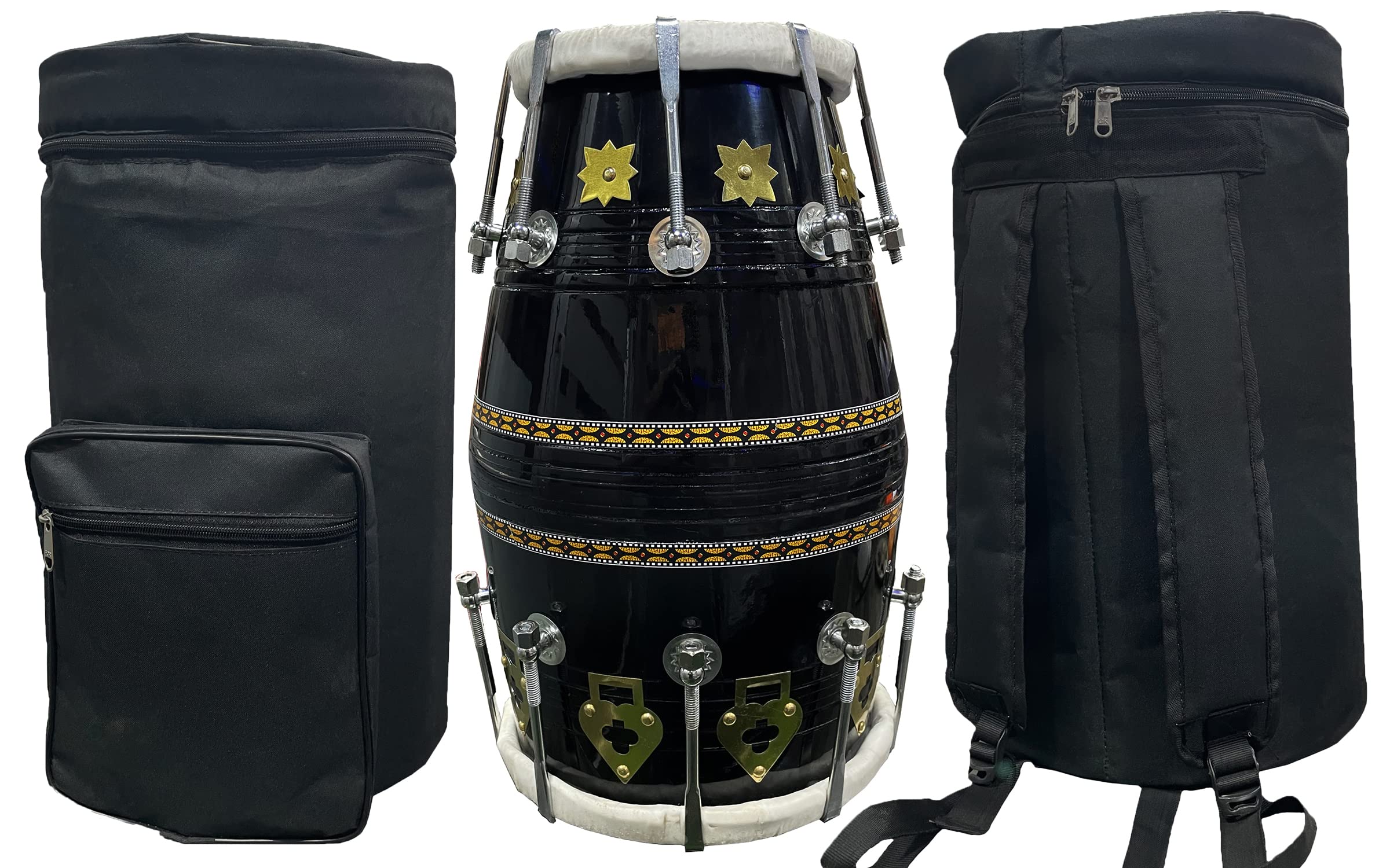 Gt Manufacture Professional Dholak With Glassy Black Finish With Multi Feature Bag