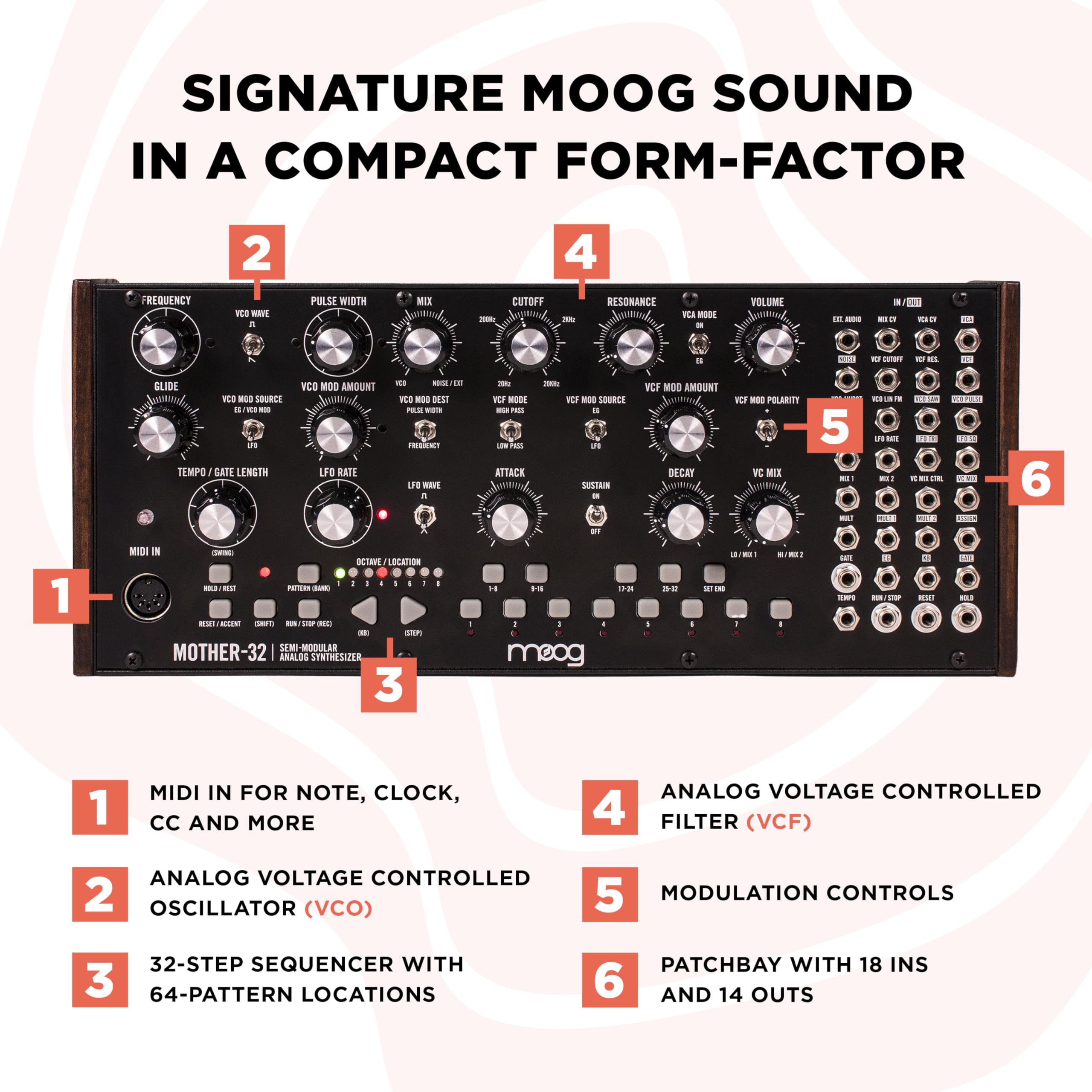 MOOG Mother-32 Semi-Modular Eurorack Analog Synthesizer with 32-Step Sequencer, VC Oscillator and Ladder Filter, MIDI In, Extend