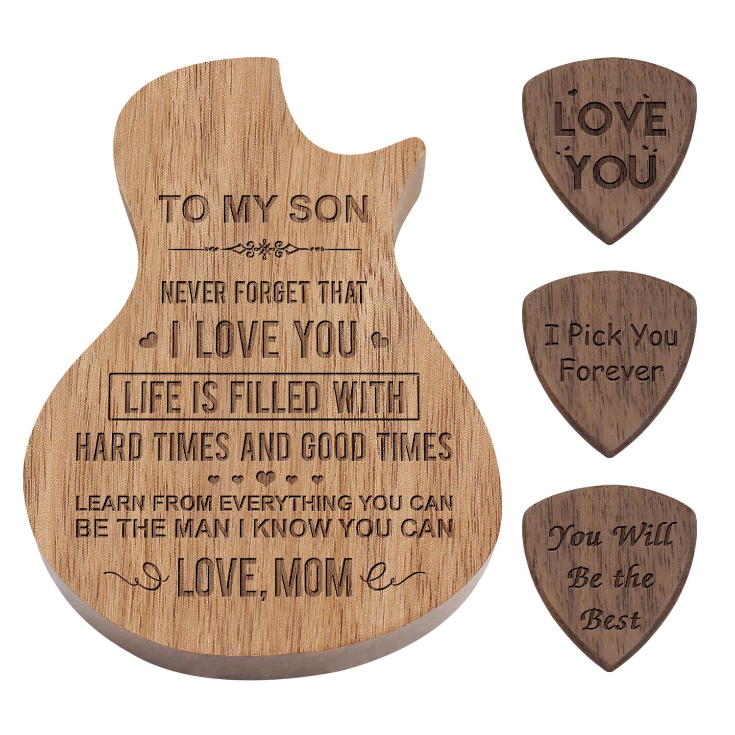 Engraved Personalized Wood Guitar Picks Box, Guitar Shaped Plectrum Container With 3 Pcs Standard Picks (To Son From Mom)