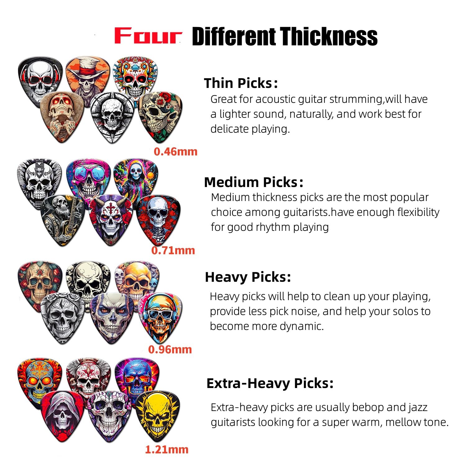Guitar Picks, 24 Pack Skull Guitar Pick 0.46 0.71 0.96 1.20mm Thin, Medium, Heavy Guitar Pics,Guitar Pick Variety Pack,Guitar Pi