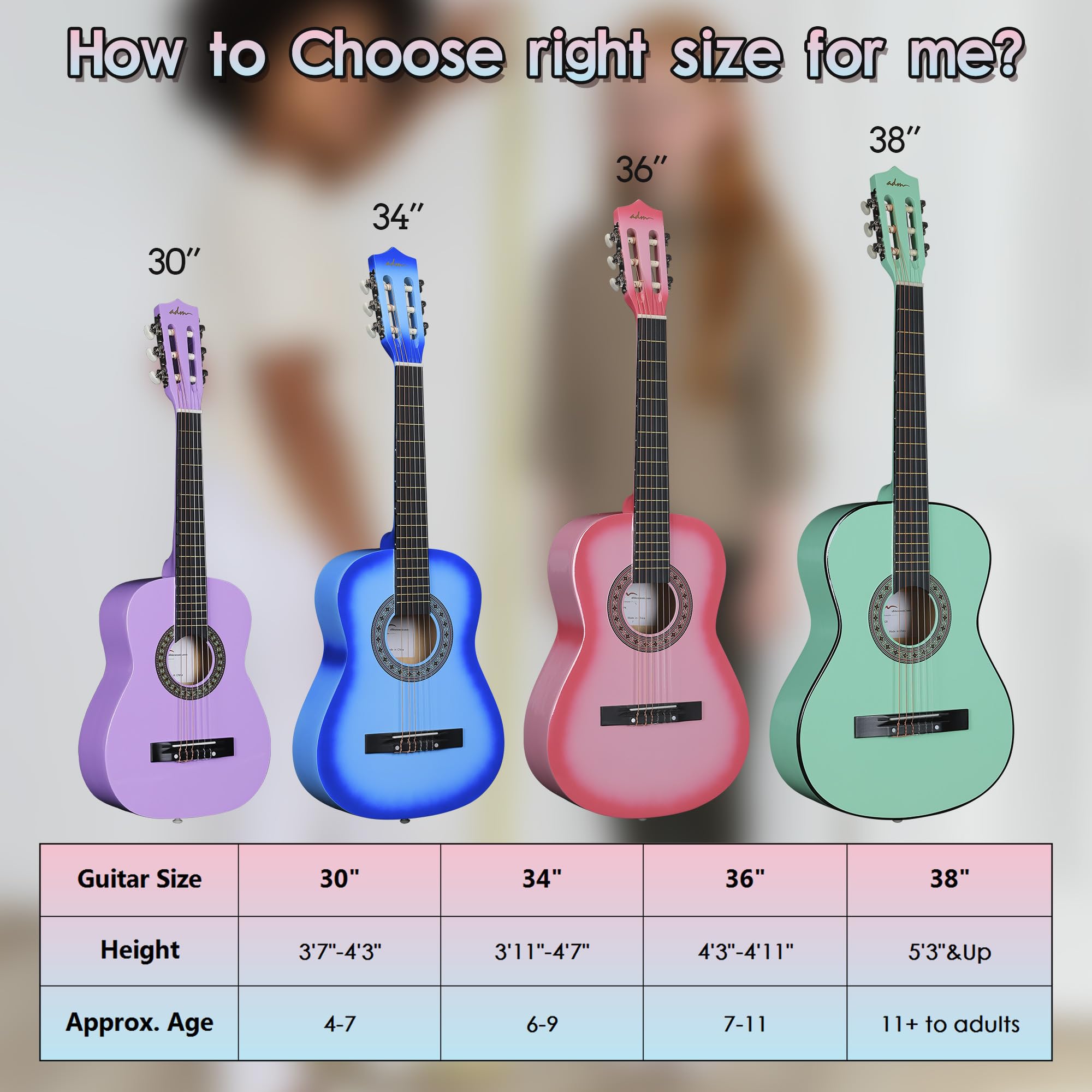 ADM Beginner Acoustic Classical Guitar 34 Inch Nylon Strings Wooden Guitar Bundle Kit for Kid Boy Girl Student Youth Guitarra On