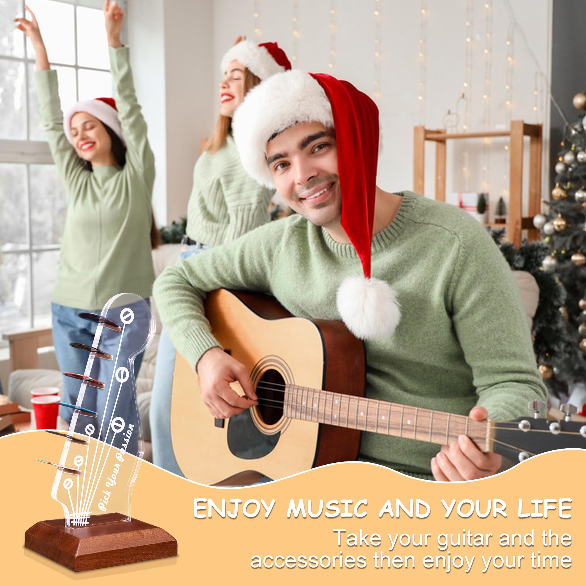 YuanDian Light Up Guitar Pick Holder, Headstock Shaped Wooden Acrylic Holder USB Powered for Guitar Pick Storage, Desk Decor, Gu