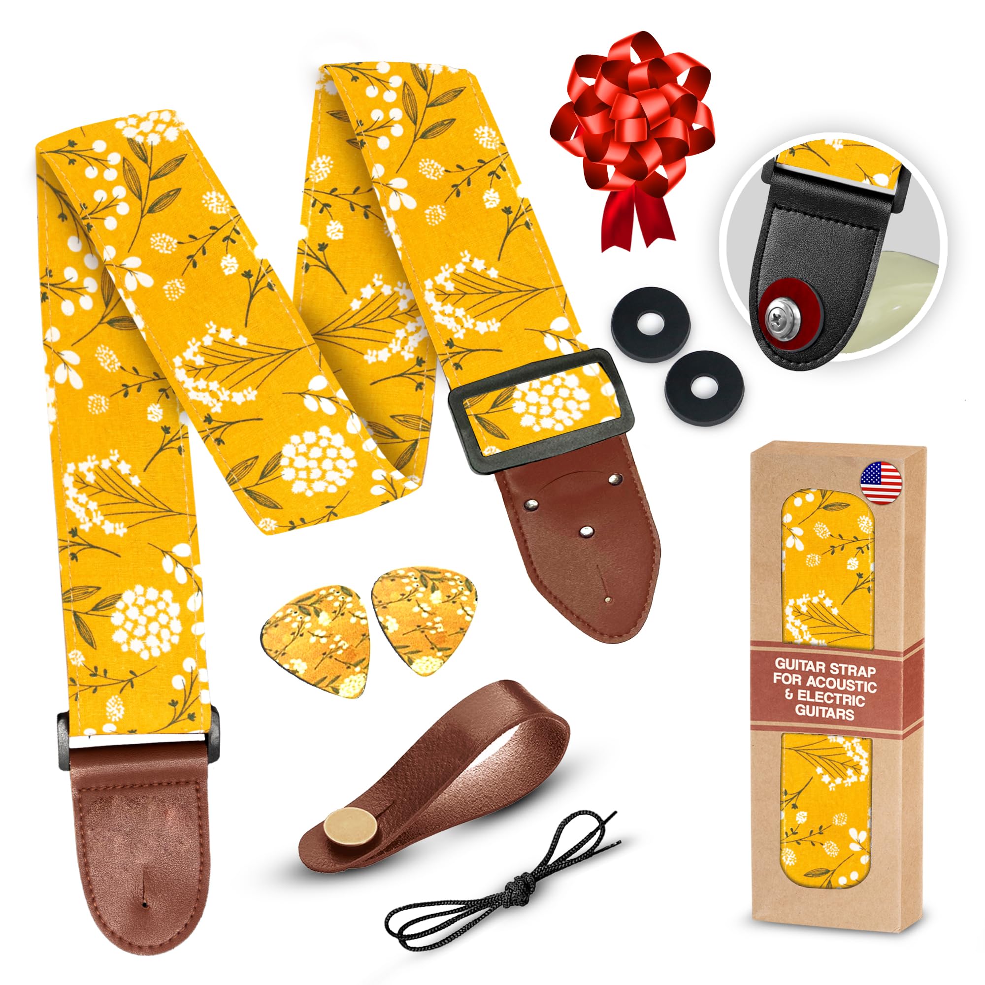 Guitar Strap For Acoustic Guitars , Electric Guitars And Bass , Christmas Gift & Stocking Stuffer Includes 2 Picks + Strap Locks