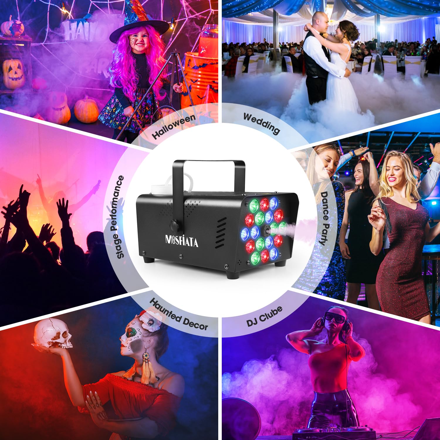 Fog Machines with Lights, MOSFiATA 600W Smoke Machine with 18 RGB LED Lights, 2300 CFM Spray, Remote Control, Perfect for Hallow