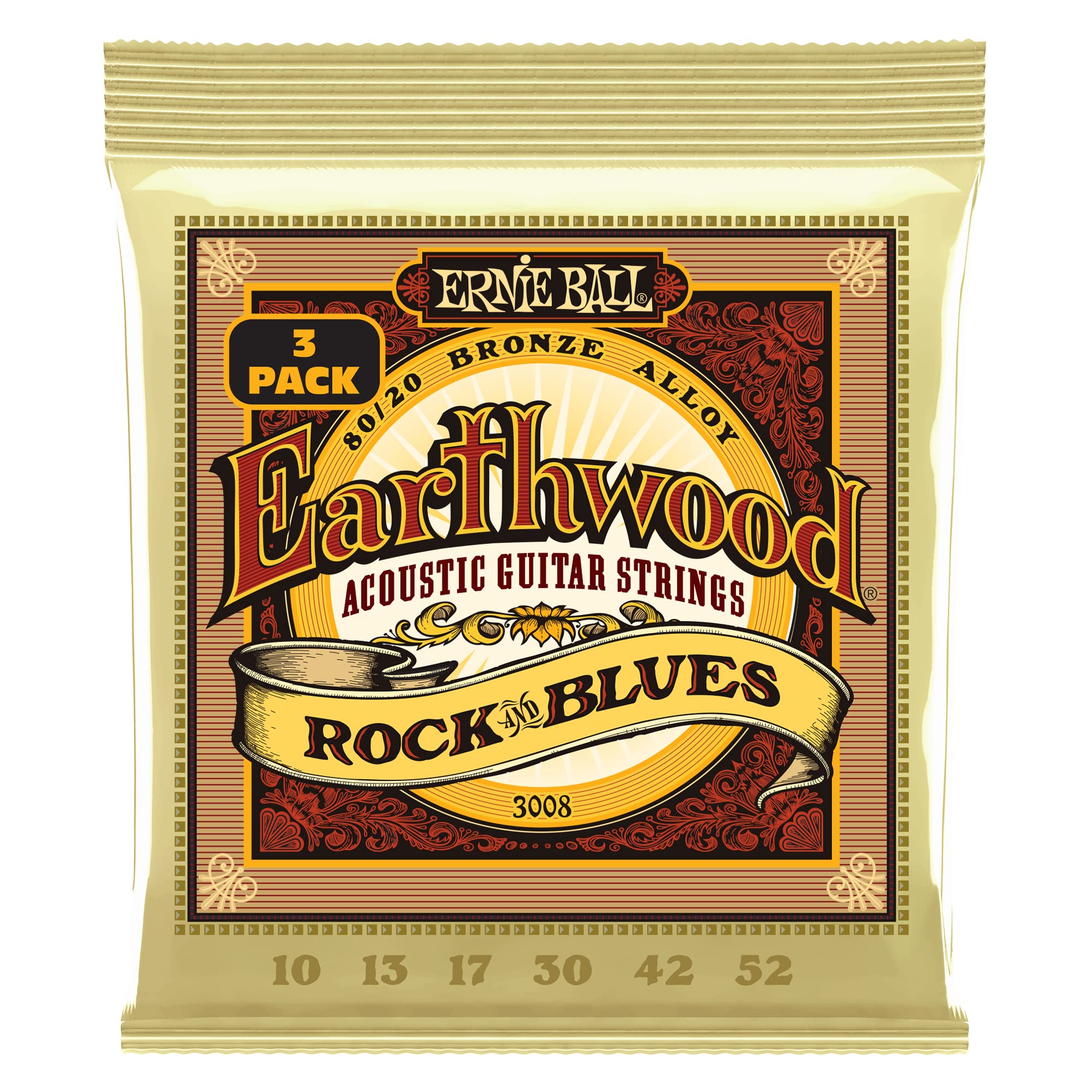 Ernie Ball Earthwood Rock & Blues 8020 Bronze Acoustic Guitar Strings 3-Pack, 10-52 Gauge (P03008)