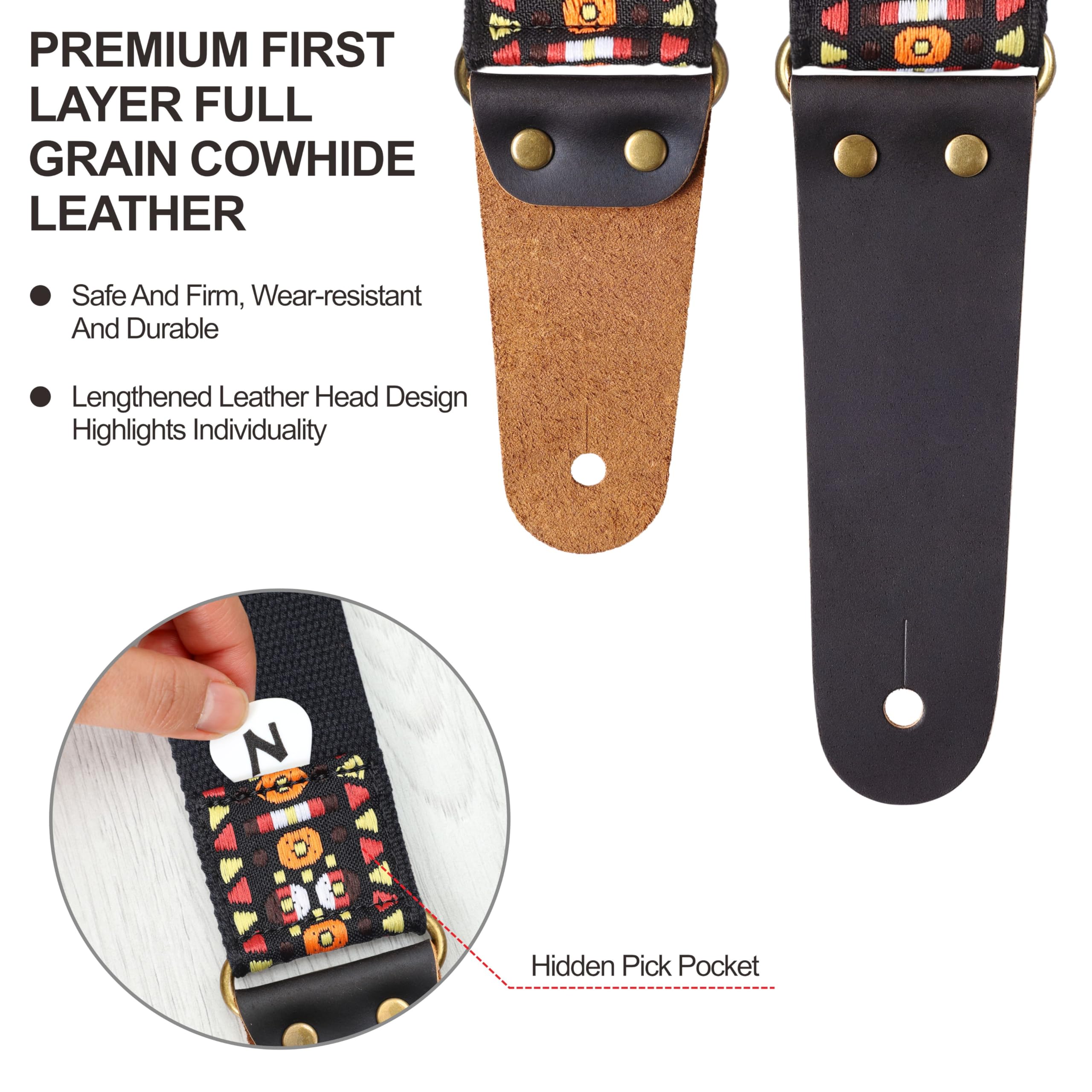 Nefelibata Guitar Strap, Embroidered Cotton Guitar Straps with Head Cowhide Leather Ends for Bass, Electric & Acoustic Guitars,