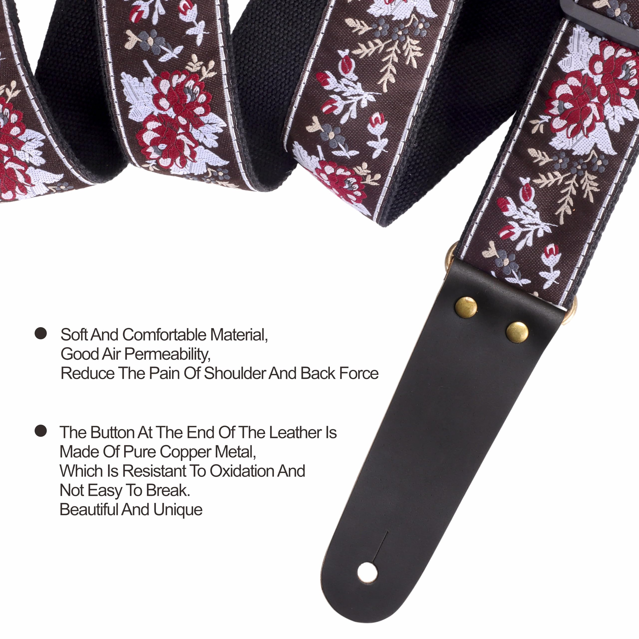 Nefelibata Guitar Strap, Cotton Guitar Straps with Head Cowhide Leather Ends for Bass, Electric & Acoustic Guitars, Free Strap B