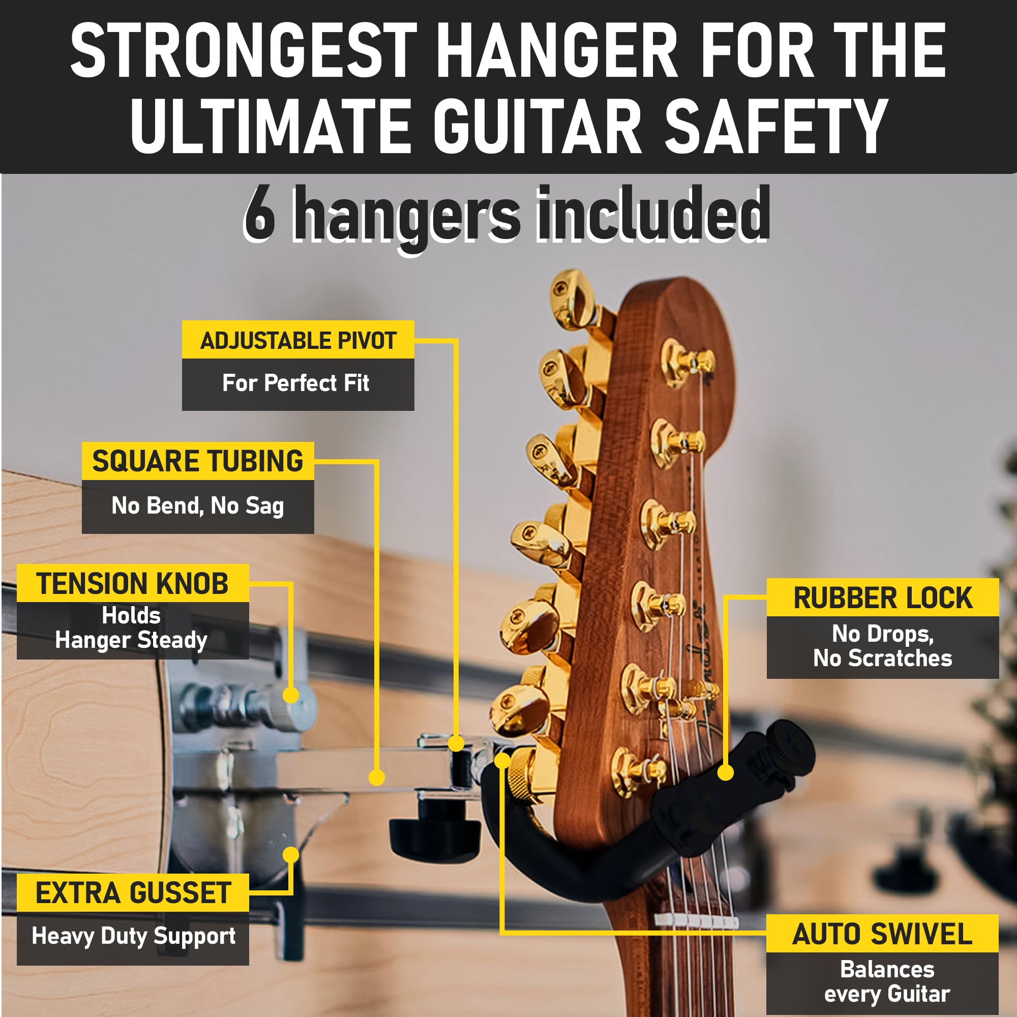 DLDIRECT Multiple Guitar Wall Mount with 6 Guitar Holder Locking System, 48-Inch Black Wall Hanger for Guitars and Ukuleles