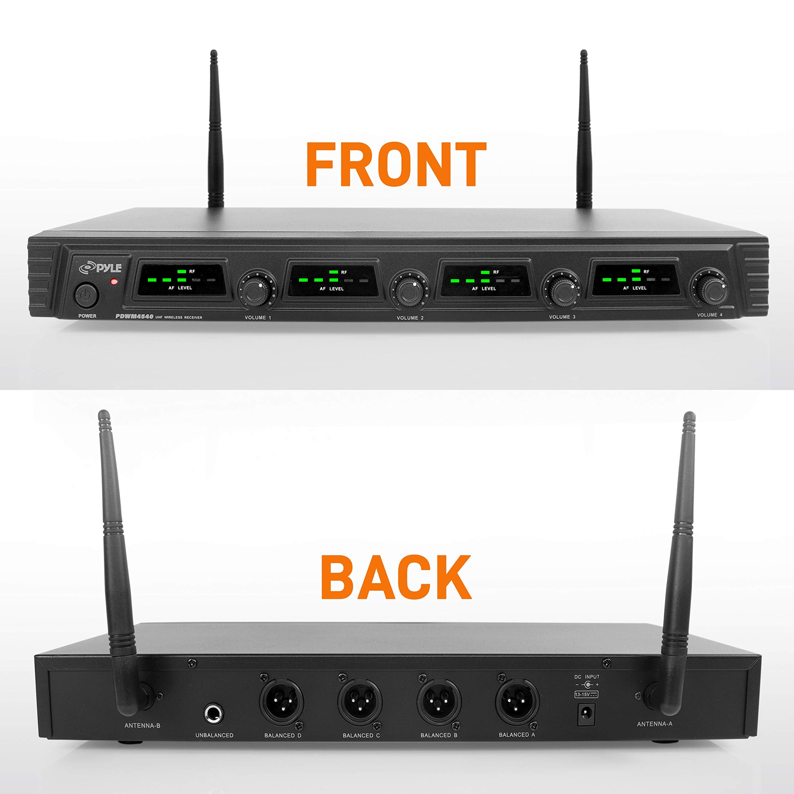 Pyle 4 Channel Wireless Microphone System - Portable UHF Audio Mic Set with 2 Handheld, 2 Headset, 2 Lavalier Mics, 2 Transmitte