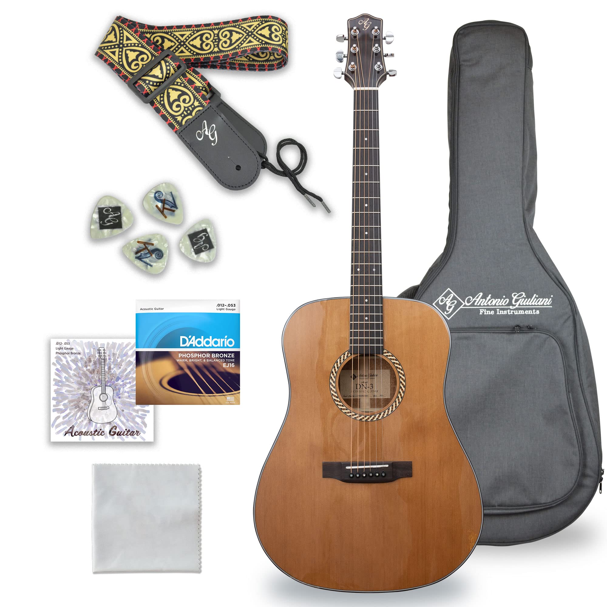 Antonio Giuliani Dn-3 Steel-String Acoustic Mahogany Guitar With Carrying Case And Accessories - Complete Guitar Bundle - Dreadn