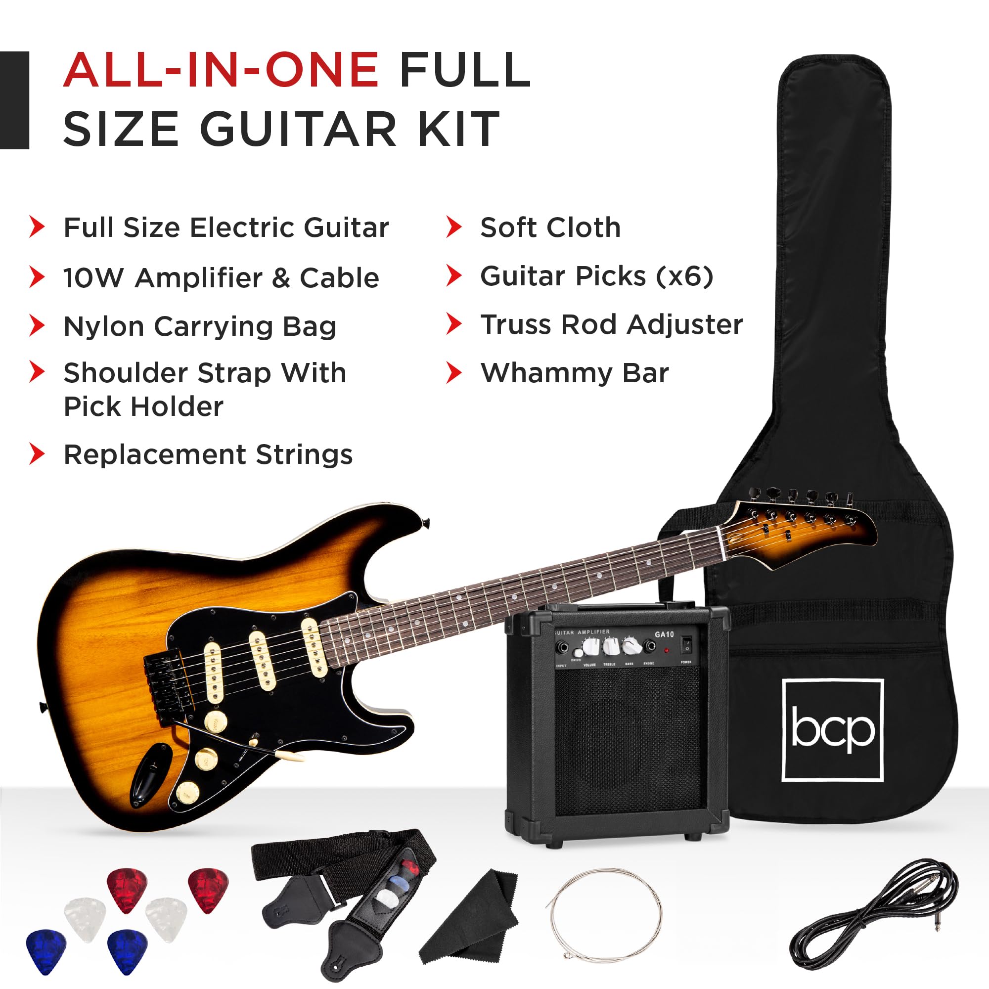 Best Choice Products 39in Full Size Beginner Electric Guitar Starter Kit w/Case, Strap, 10W Amp, Strings, Pick, Tremolo Bar - Su
