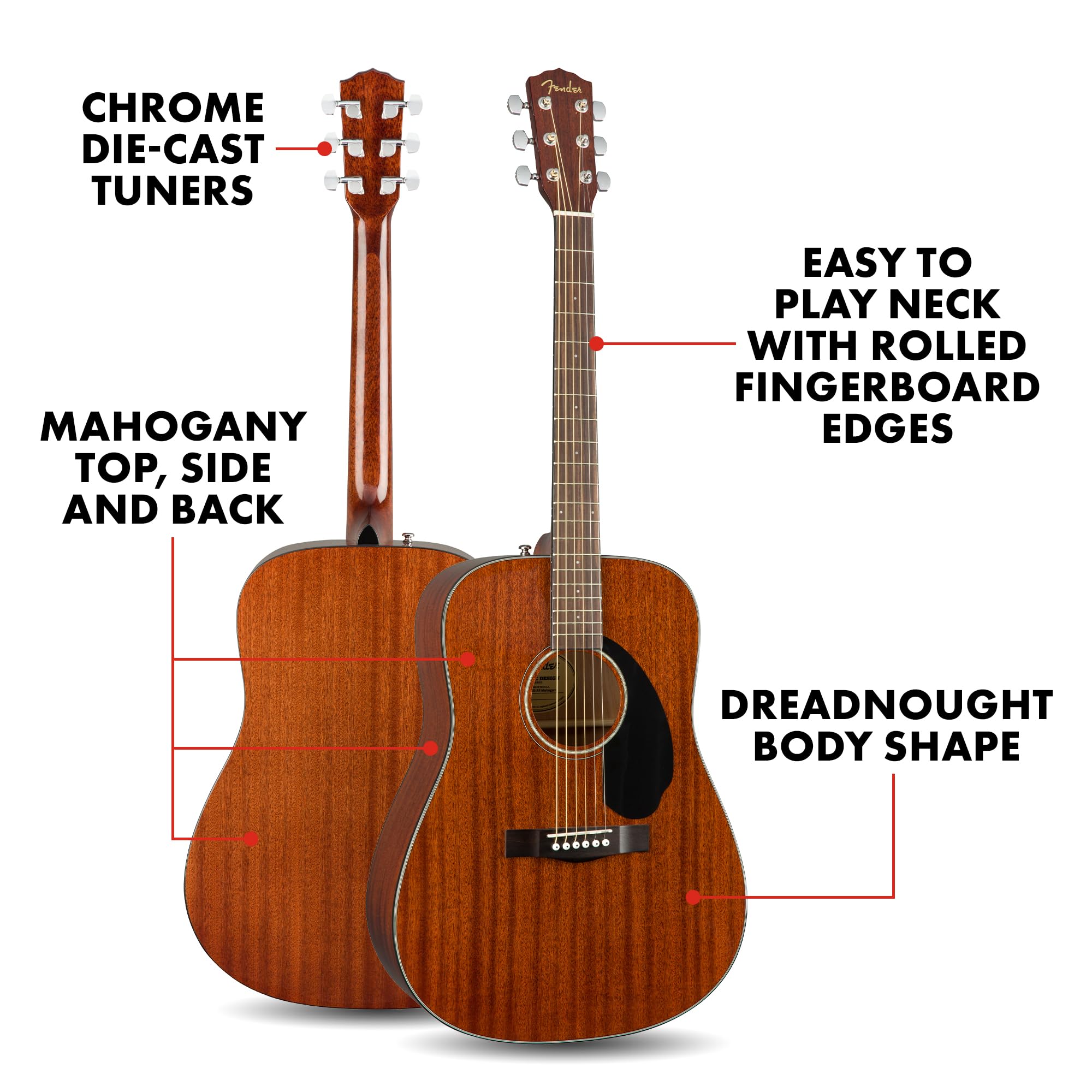 Fender Acoustic Guitar, CD-60S, with 2-Year Warranty, Dreadnought Classic Design with Rounded Walnut Fingerboard, Glossed Finish