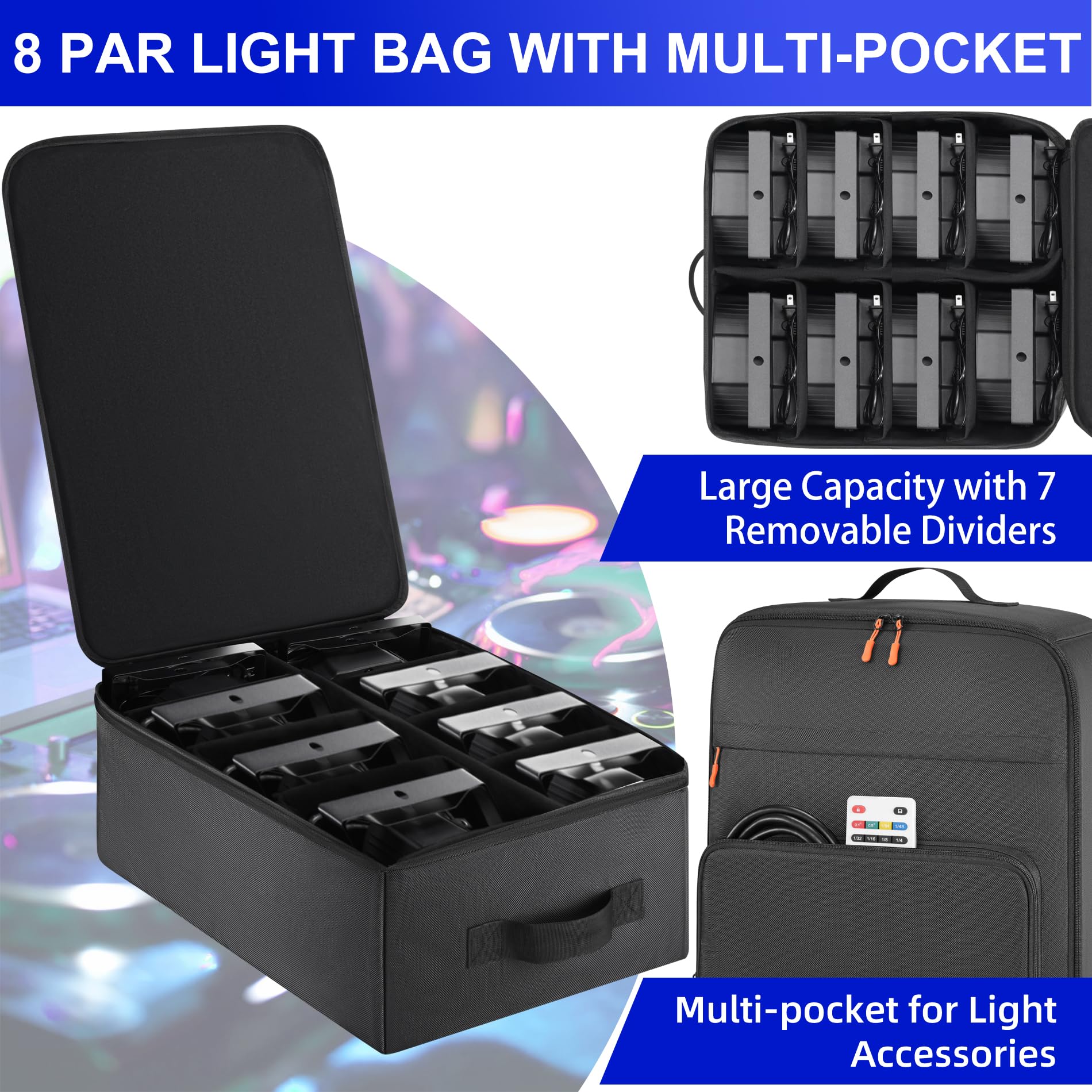 Aleemin Par Light Bag Soft Padded for 8 Par Lights, Stage Lighting Case with Removable Dividers & Backpack-strap & Handle, Light