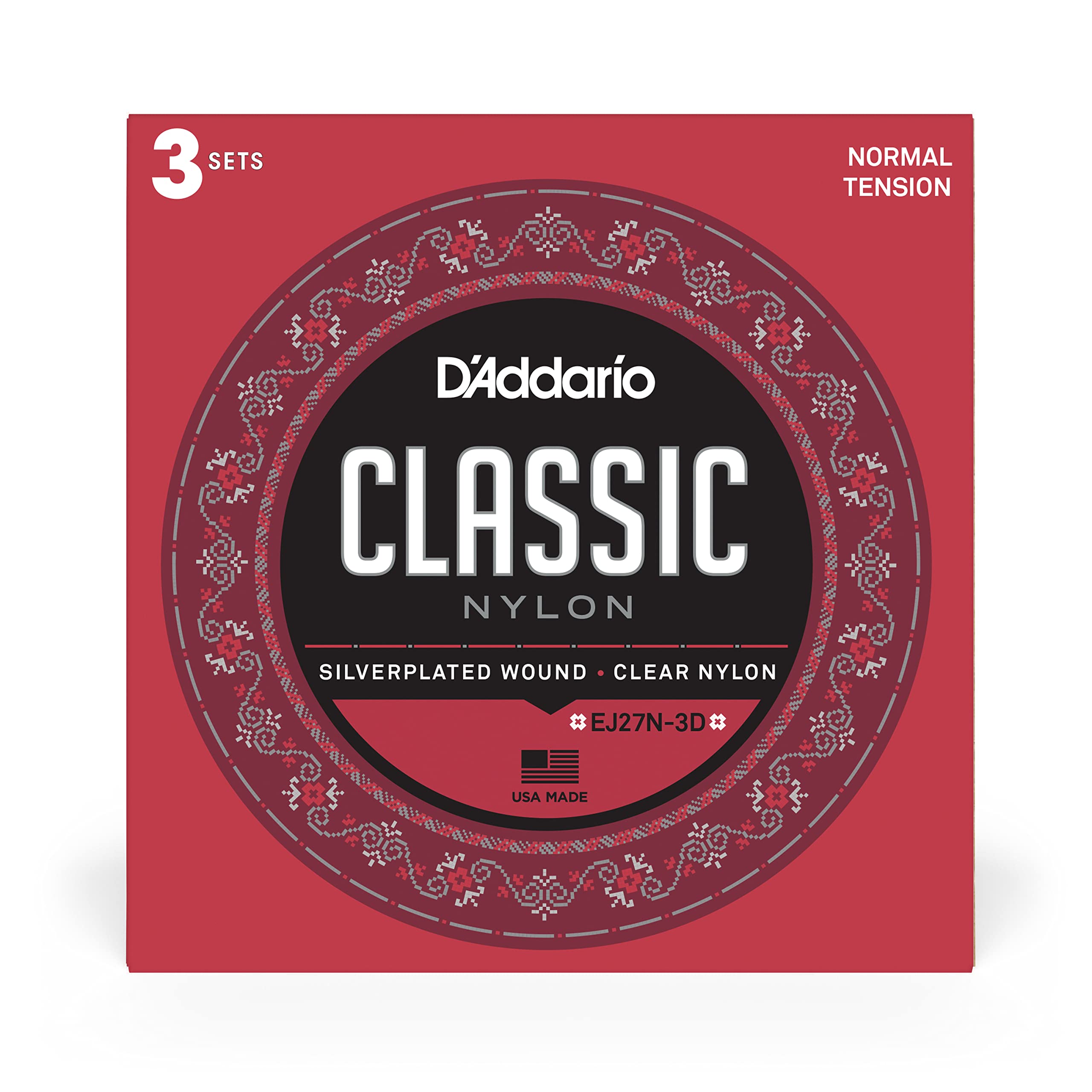 D'Addario Guitar Strings - Classic Nylon Guitar Strings - Ej27N Classical Guitar Strings - Silver Plated Wrap, Nylon Core, Clear