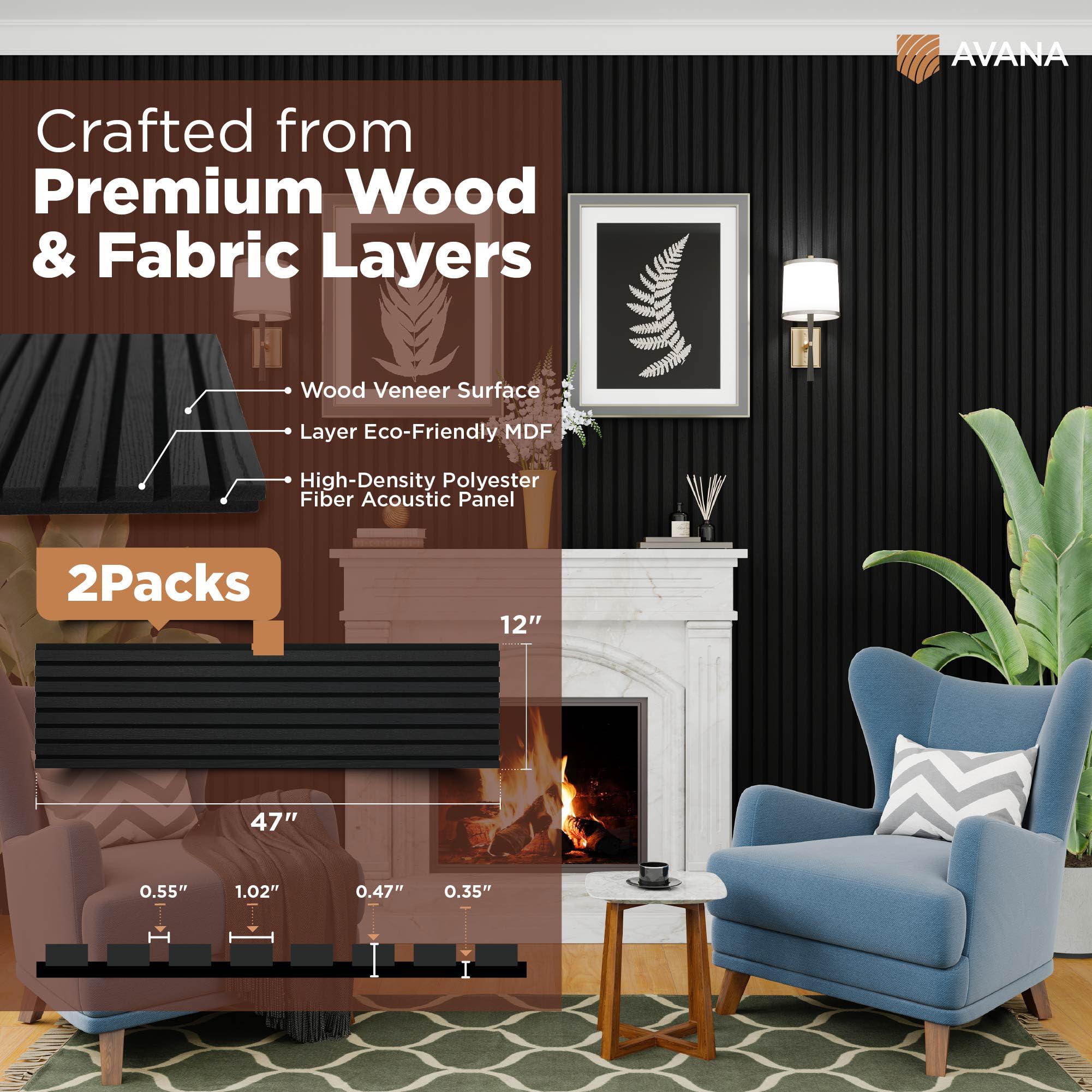 Avana Acoustic Wood Wall Panels - 47.2 X 12.6 Inch Black Oak Acoustic Panels 1 PC - Wall Panels For Interior Wall Decor For Home