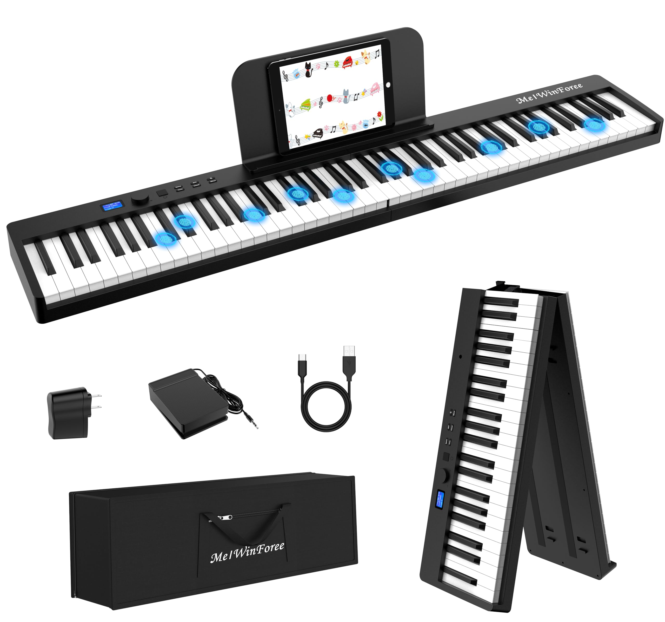 Portable Weighted 88-Key Folding Digital Keyboard Piano, Full-Size, Wood Grain, MIDI Bluetooth, for Adults, Toddlers, Beginner