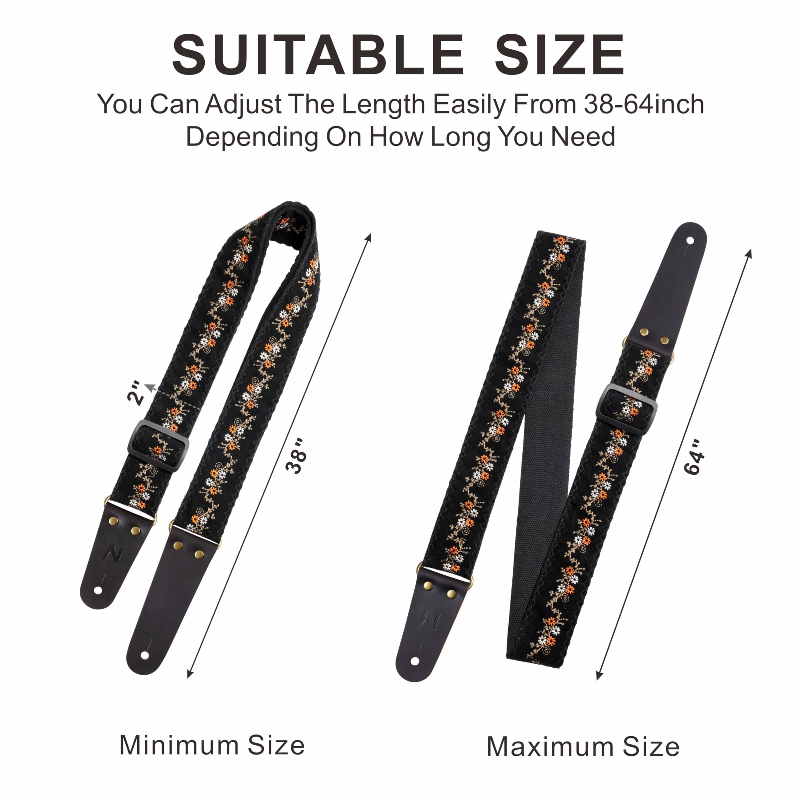Nefelibata Guitar Strap, Flower Embroidery Guitar Straps with Head Cowhide Leather Ends for Bass, Electric & Acoustic Guitars, C